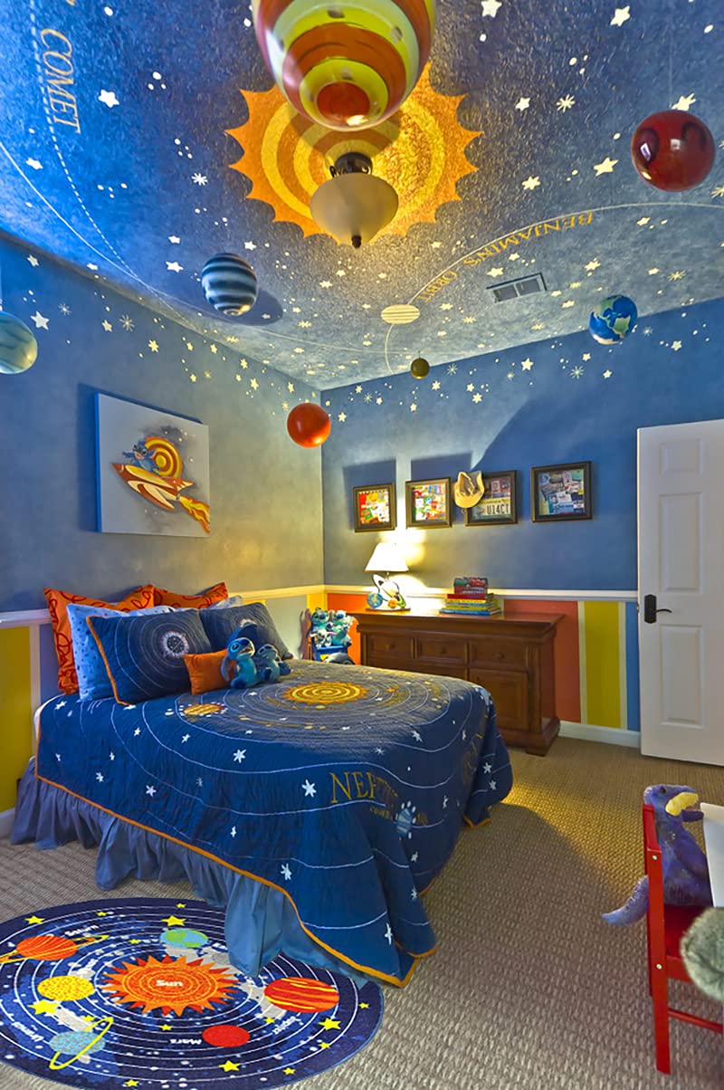 Blue Solar System Kids Area Rug - Educational Learning Carpet for Playroom & Nursery - 79