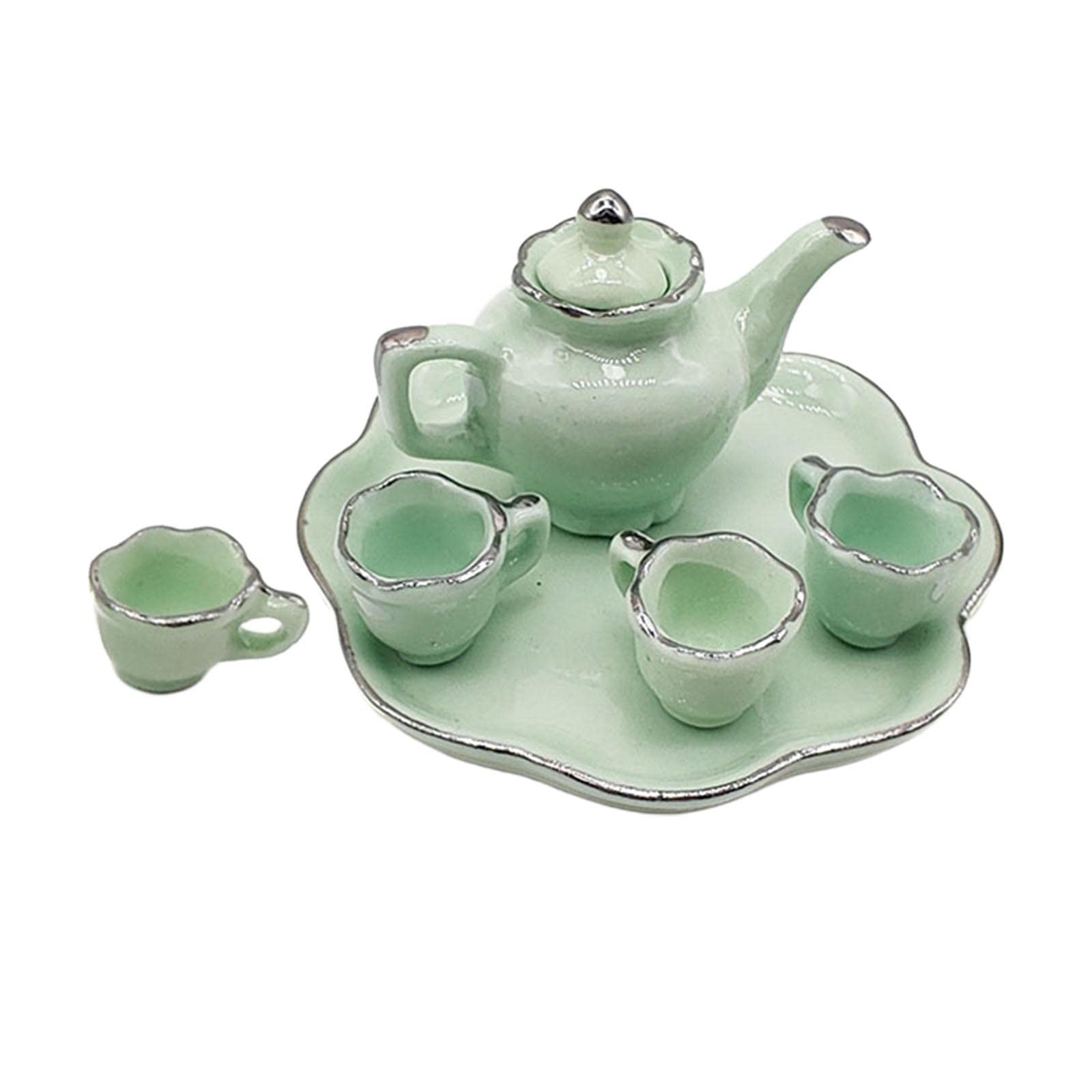 Menolana Retro 6-Piece Miniature Dollhouse Dinnerware Set - Ceramic Mini Tableware for Kitchen Decor & Collectibles - Perfect for Dollhouse Accessories, DIY Crafts & Miniature Scenes (Green)