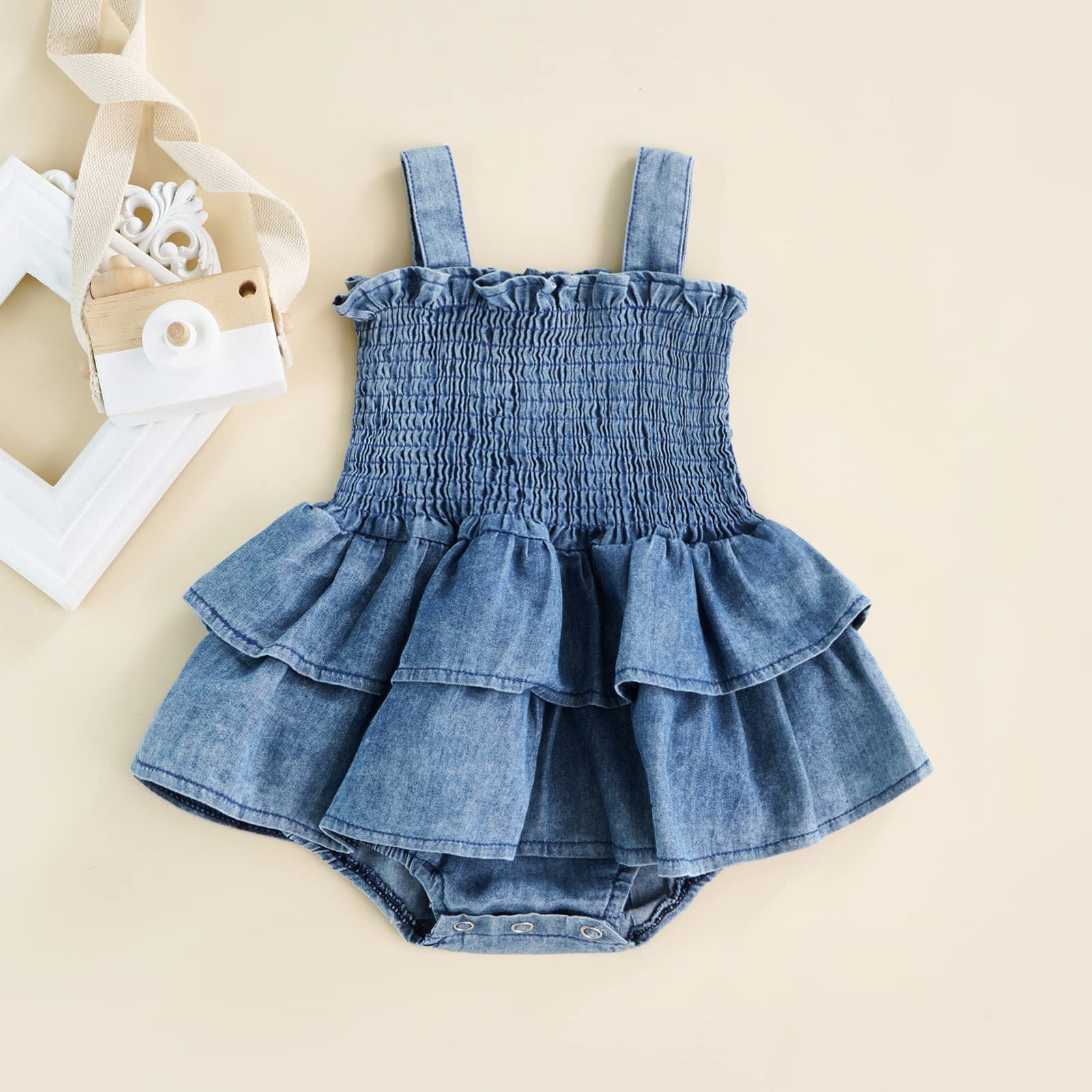 Adorable Newborn Baby Girl Denim Romper Dress with Ruffles - Cute Infant Jean Overalls for Photos, Parties & Everyday Play