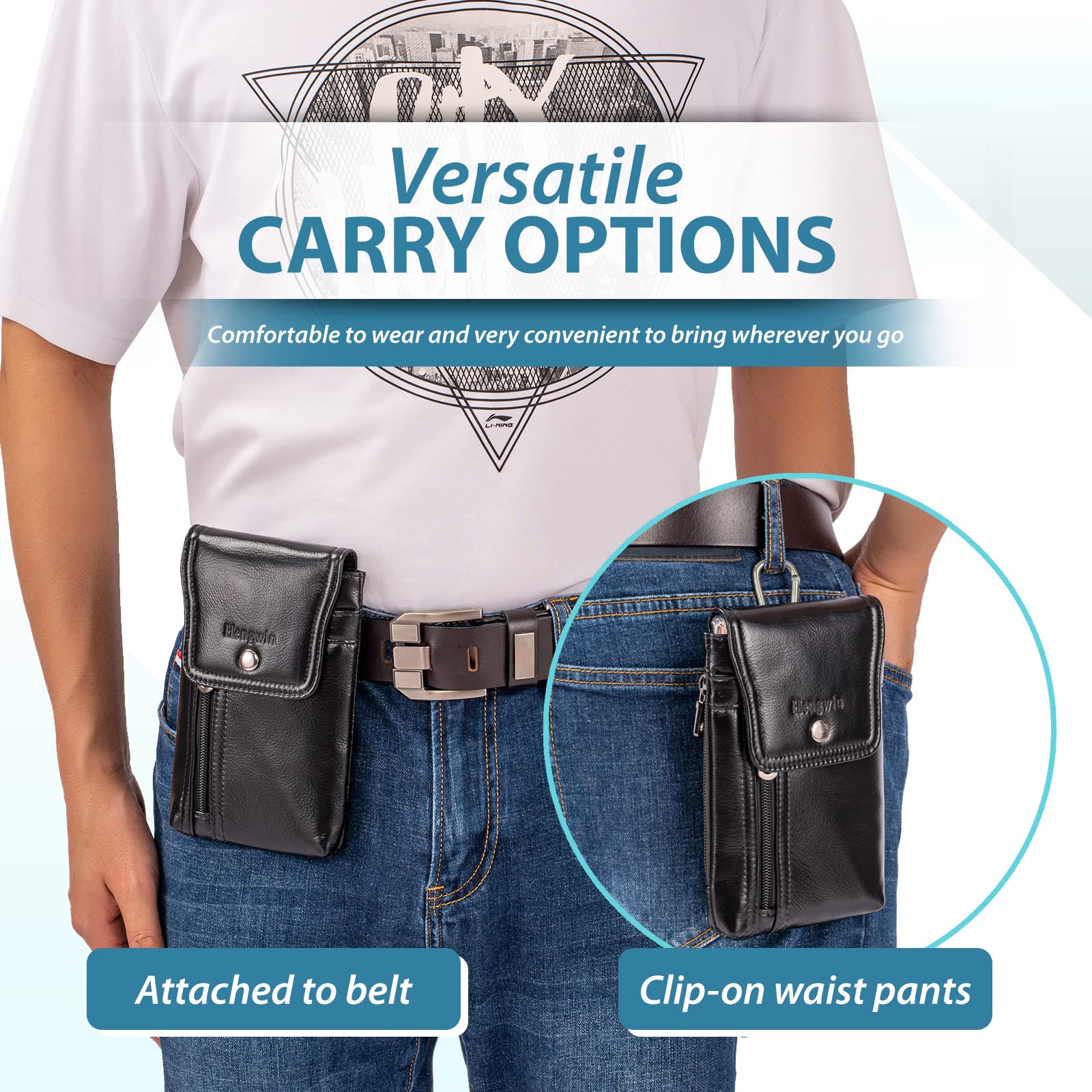 Genuine Leather Belt Phone Holster for iPhone 16 Pro Max/15 Pro Max/14 Pro Max & Samsung Galaxy S25+/S24 Ultra/A15 - Black Leather Belt Clip Pouch Case - Perfect for Work, Outdoor Activities & Everyday Carry
