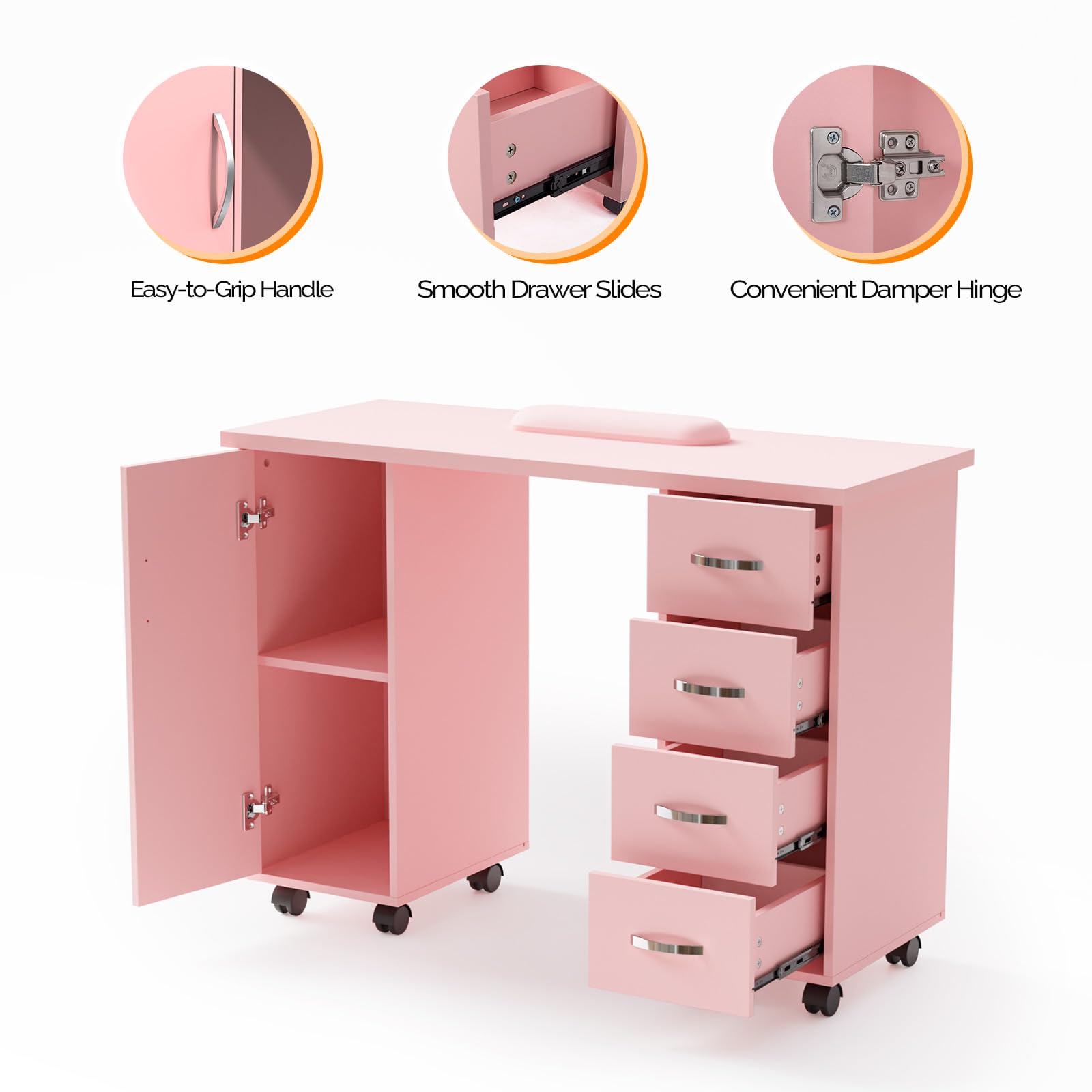 Professional Wooden Manicure Table with Storage Cabinet, 4 Drawers & Wheels - Adjustable Arm Rest Nail Technician Workstation for Salon & Home Use - 43.3