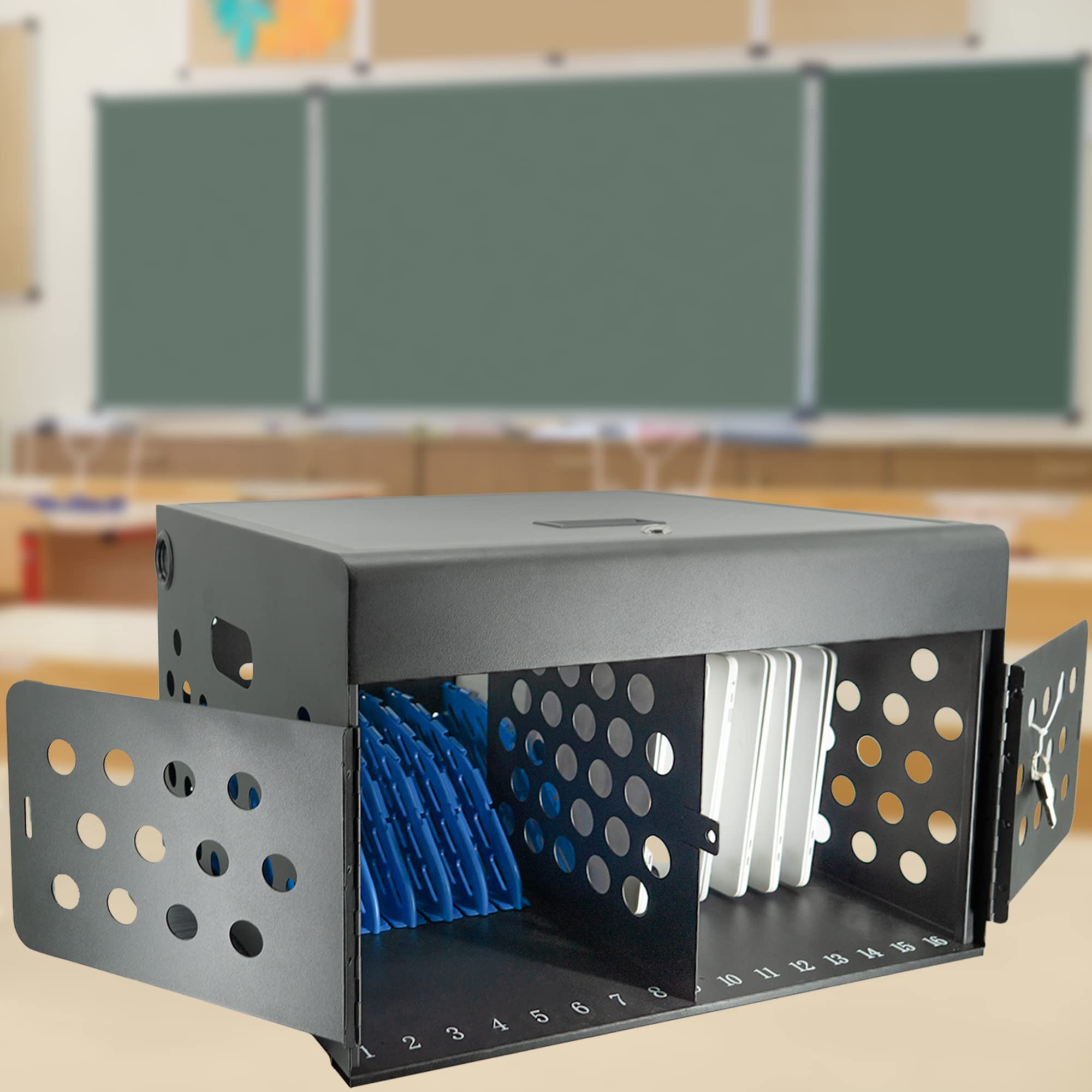 16-Device Locking Tablet Charging Station for Classroom - Secure Metal Charging Cart with Cable Management for Chromebooks, Tablets & Laptops (Black) | Ideal for Schools, Libraries & Office Charging Stations