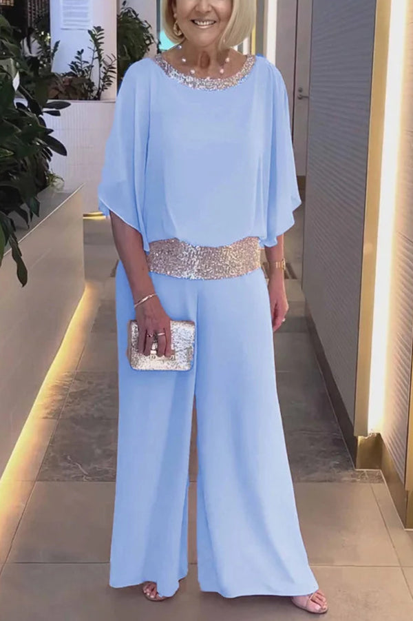 Trendy Sequin Patchwork Dolman Sleeve Blouse & Stretchy Waist Wide Leg Pants Set for Women | Party Outfit, Club Wear, Evening Attire, Special Occasion Fashion