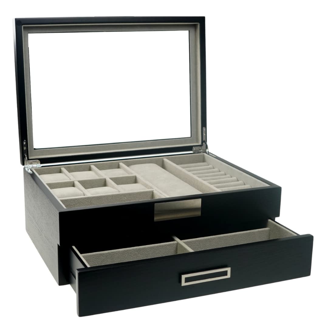 Premium Unisex Black Wooden Valet Tray - Sunglasses & Jewelry Organizer Box for Dresser, Nightstand, and Entryway Storage
