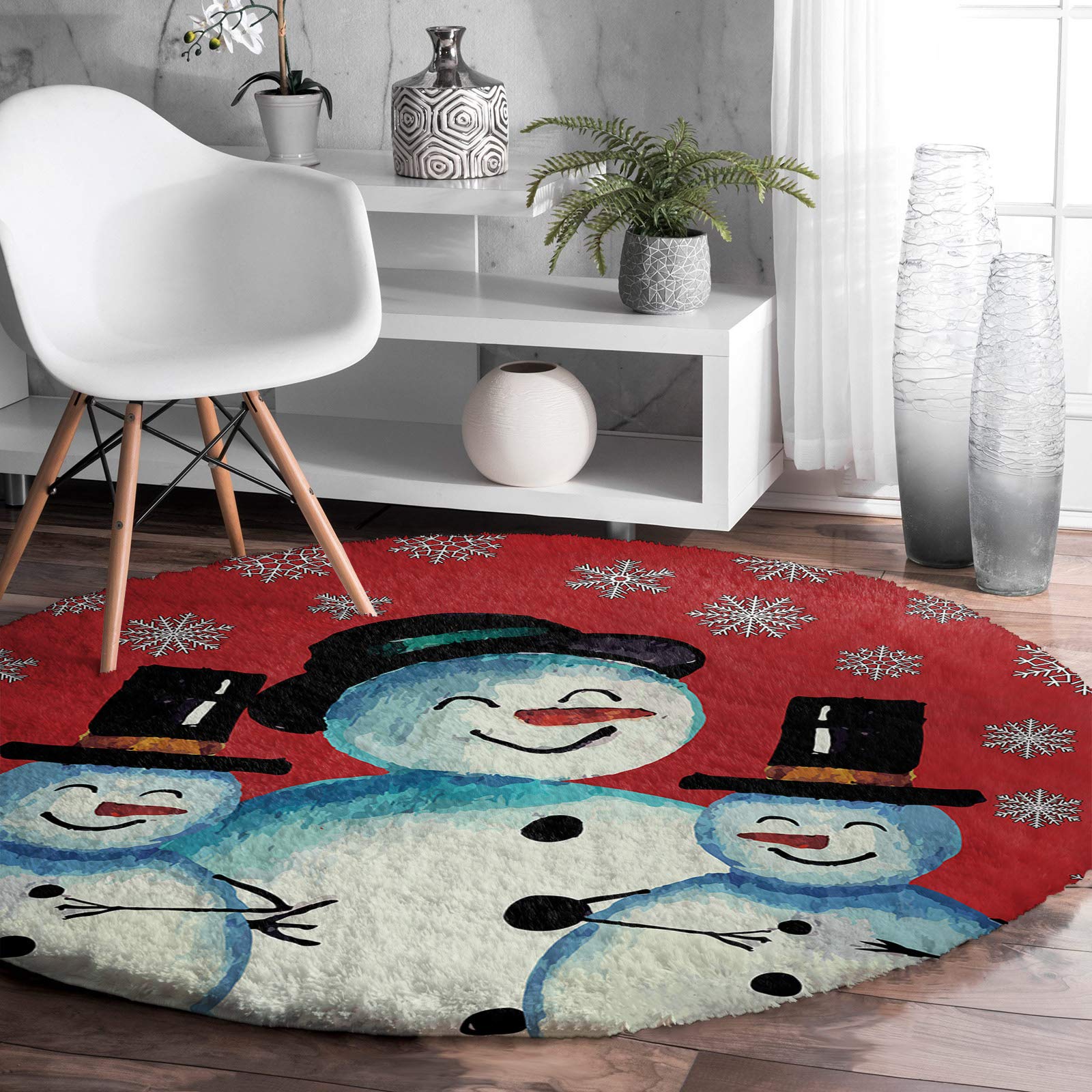 Soft Plush Round Shag Rug - Snowy Christmas Snowman & Winter Snowflake Design - Cozy Fluffy Circular Carpet for Bedroom, Living Room, Nursery - Perfect Holiday Decor & Kids Room Floor Mat