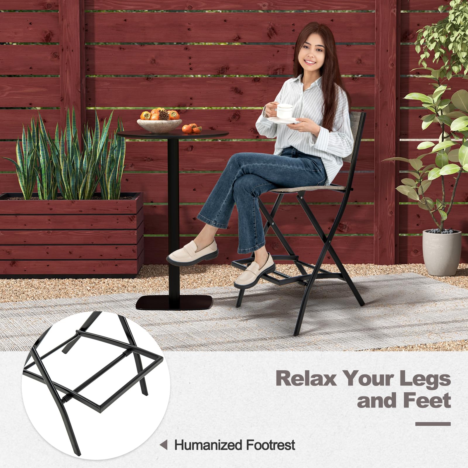 Giantex Set of 2 Folding Outdoor Bar Stools - Counter Height Patio Chairs with Footrest & Back Support, All-Weather Resistant Metal Frame for Porch, Deck, Lawn, Garden - Light Brown | Perfect for Outdoor Dining, Poolside Lounging & Backyard Entertaining