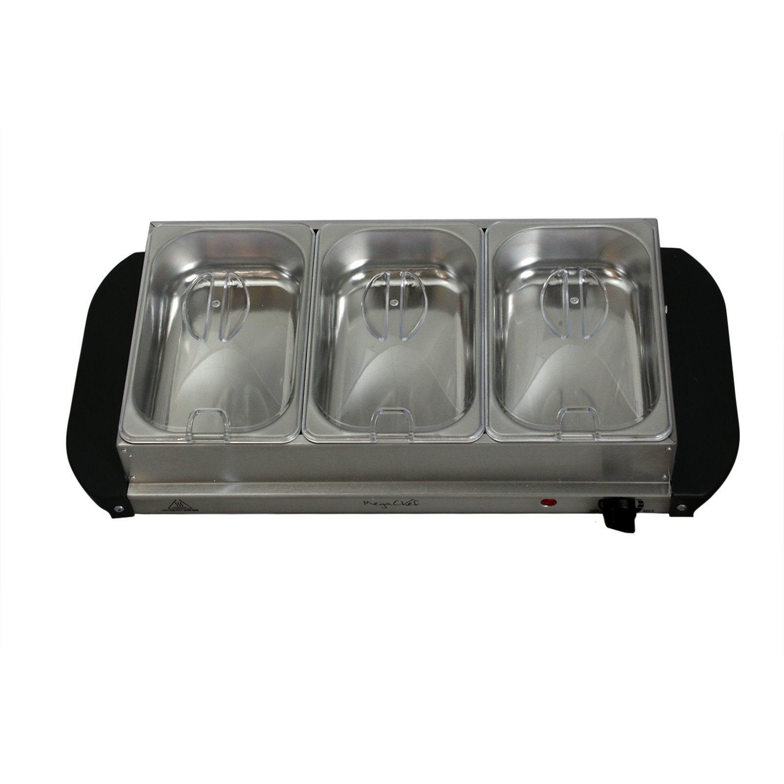 MegaChef Stainless Steel 3-Section Buffet Server with Lid - Food Warmer & Serving Tray for Parties, Catering & Home Entertaining - Easy to Clean Commercial Grade Buffet Set