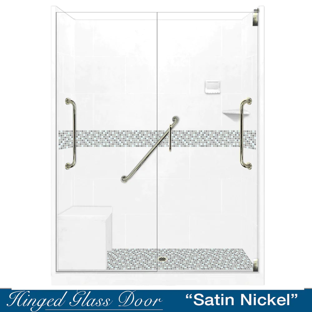 60 Alcove Natural Buff Sistine Stone & Del Mar Mosaic Accent DIY Shower Remodel Kit with Free Shampoo Niche - Bathroom Renovation Tile Set for Shower Walls and Backsplash