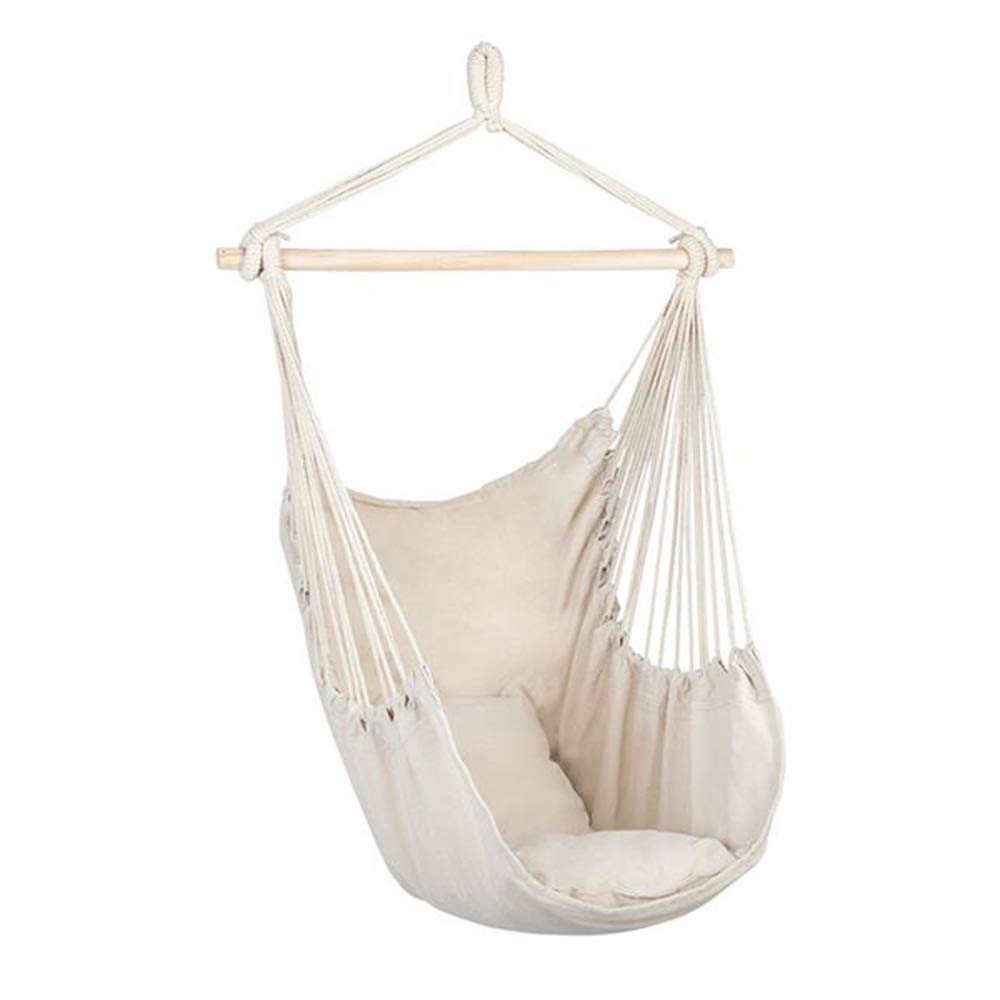 Comfortable Hammock Chair Swing with 2 Pillows - Durable Woven Rope Hanging Chair for Indoor & Outdoor Use - Perfect for Porch, Patio, Garden, Bedroom, Terrace - Beige Color for Relaxation and Leisure Time
