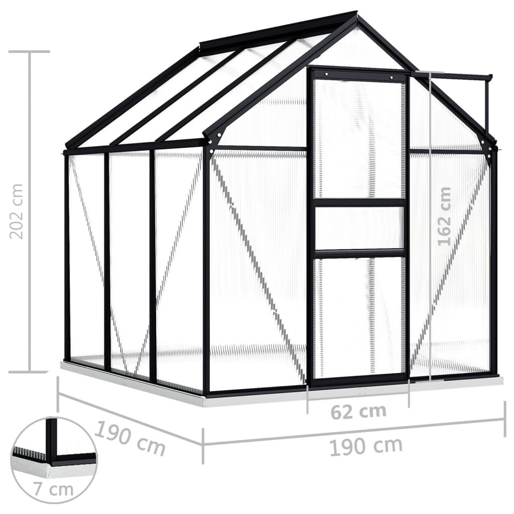 Premium vidaXL Greenhouse with Base Frame - Anthracite Aluminum, 212.9 ft³ Spacious Interior, Durable Polycarbonate Panels | UV Resistant & Thermal Insulated | Sturdy Aluminum Construction for Year-Round Gardening - Perfect for Growing Vegetables, Flowers & Herbs in All Seasons
