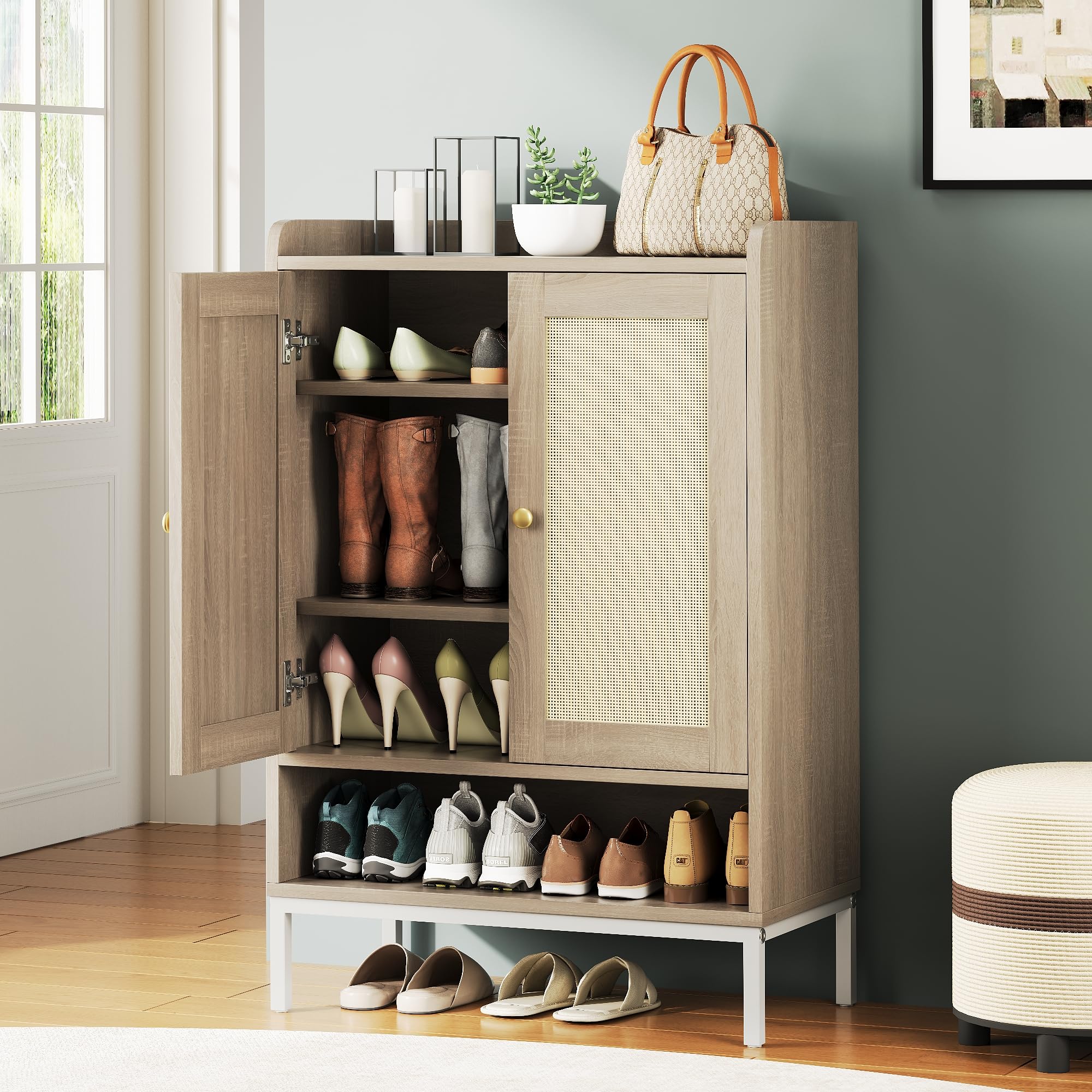 5-Tier Rattan Shoe Cabinet with Adjustable Shelves - Entryway Storage Organizer for 20 Pairs of Shoes - Perfect for Hallway, Closet & Living Room - Natural Woven Design for Home Décor