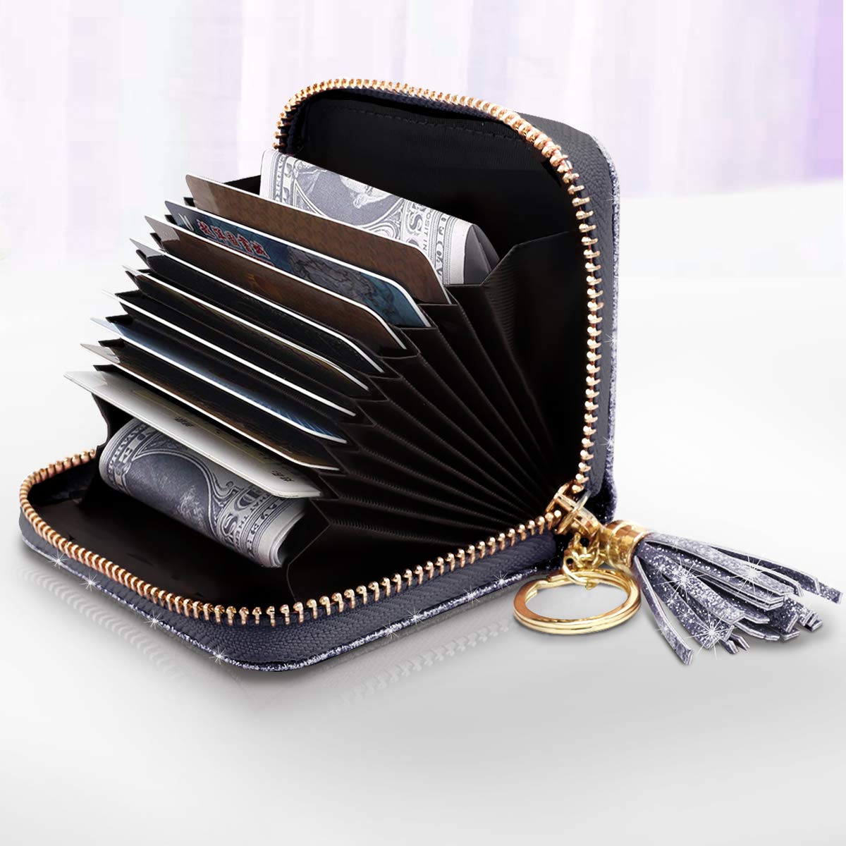 RFID Blocking Glitter Credit Card Holder for Women - Slim Small Wallet with Card Slots - Perfect for Travel, Shopping & Everyday Use