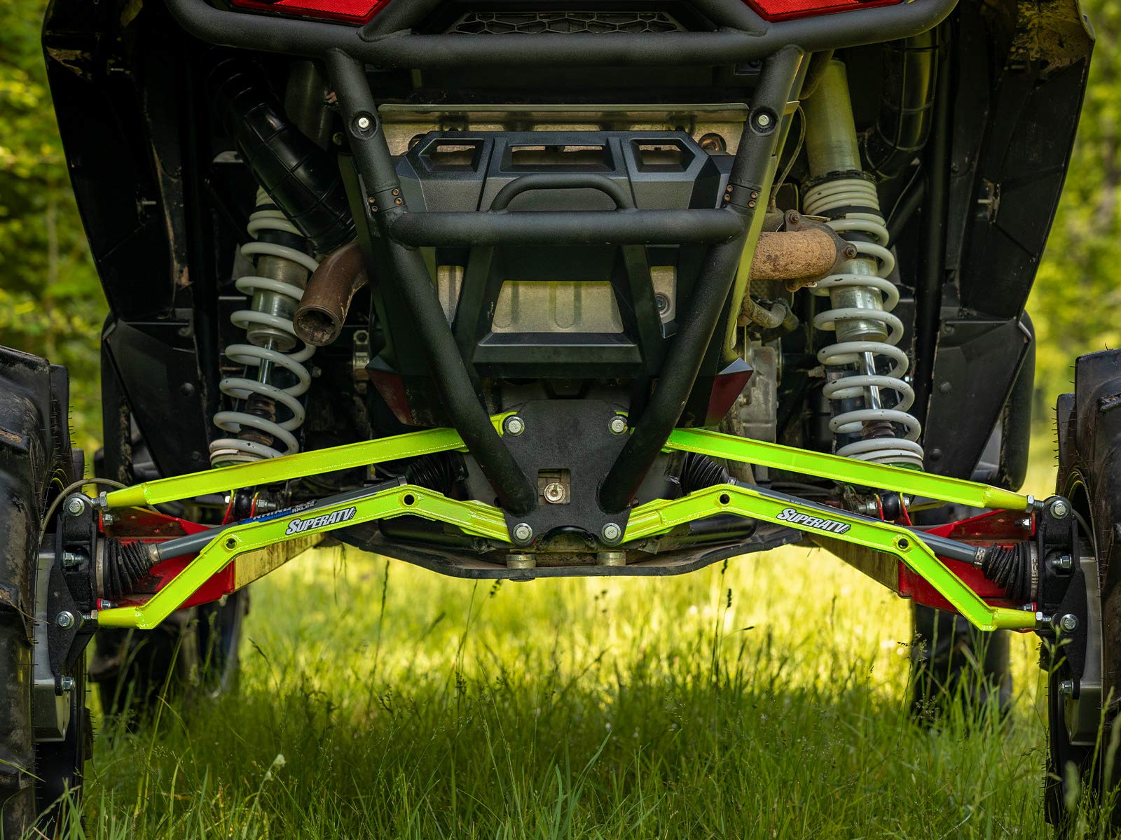 SuperATV Heavy-Duty High Clearance Boxed Rear Radius Arms for 2014+ Polaris RZR XP 1000 & XP 4 1000 UTV - 4X Stronger Than OEM - Lime Green - Off-Road Trail Riding & Dune Bashing Upgrade