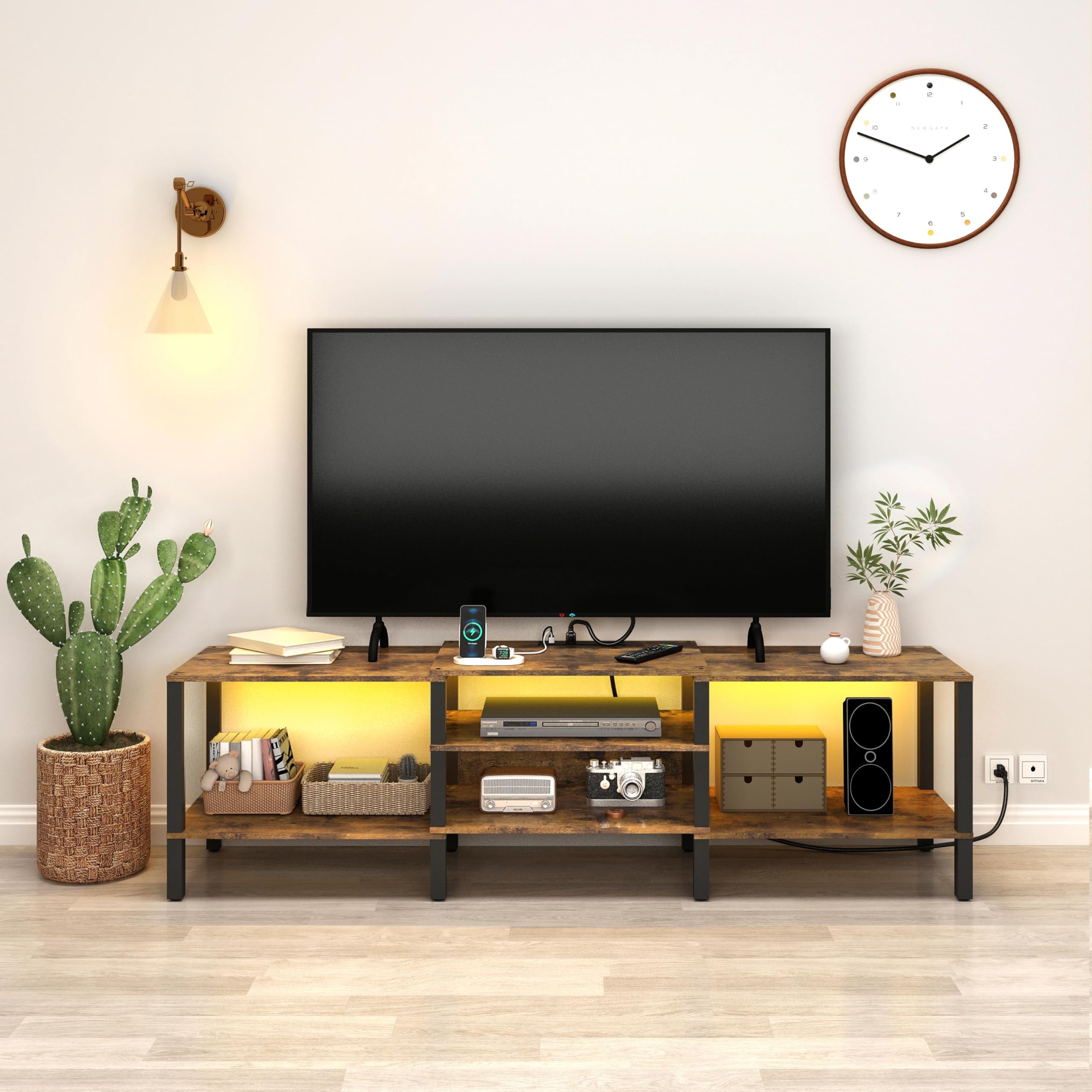 Industrial Rustic Brown Wood TV Stand with Power Outlet - 45/55/65/75 Inch LED TV Media Console & Entertainment Center for Living Room - Perfect for Home Theater Setup & Modern Living Spaces