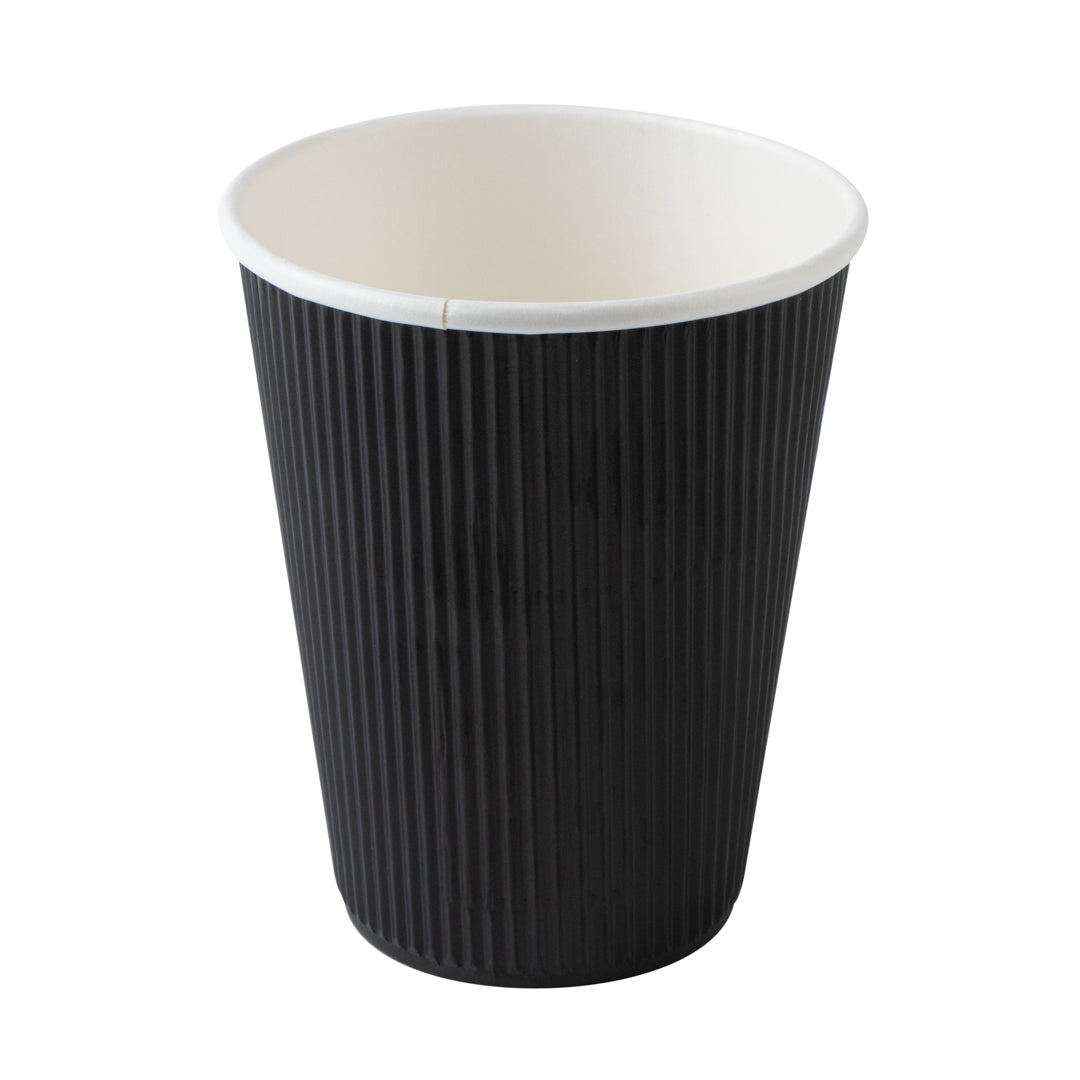 12 oz Black Ripple Wall Paper Coffee Cups with Lids - 20 Count Bulk Pack (3.5