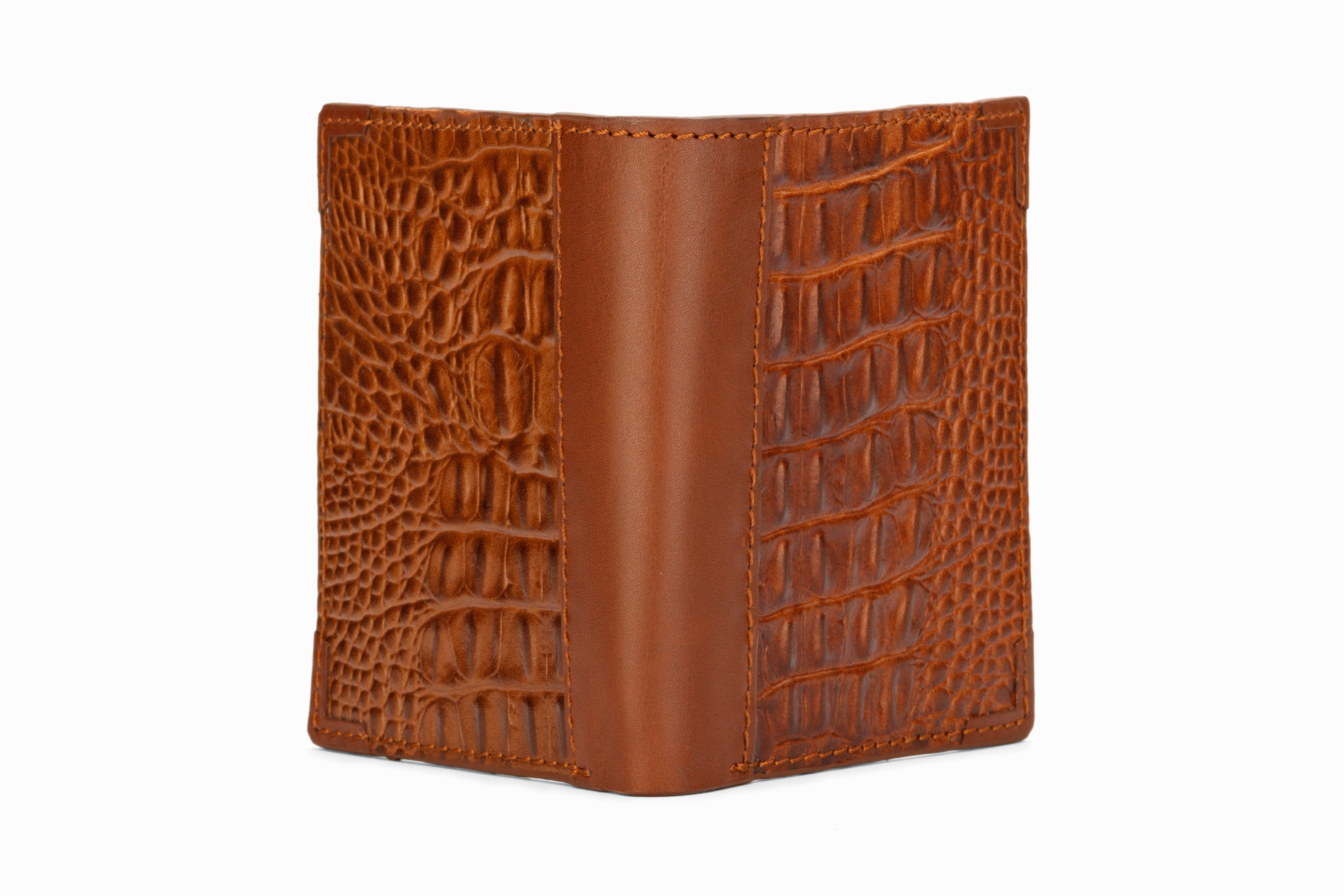 Premium Hip Fold Leather Wallet - Genuine Crocodile Embossed Brown RFID Blocking for Men | Slim Bifold Design for Everyday Carry & Travel Essentials