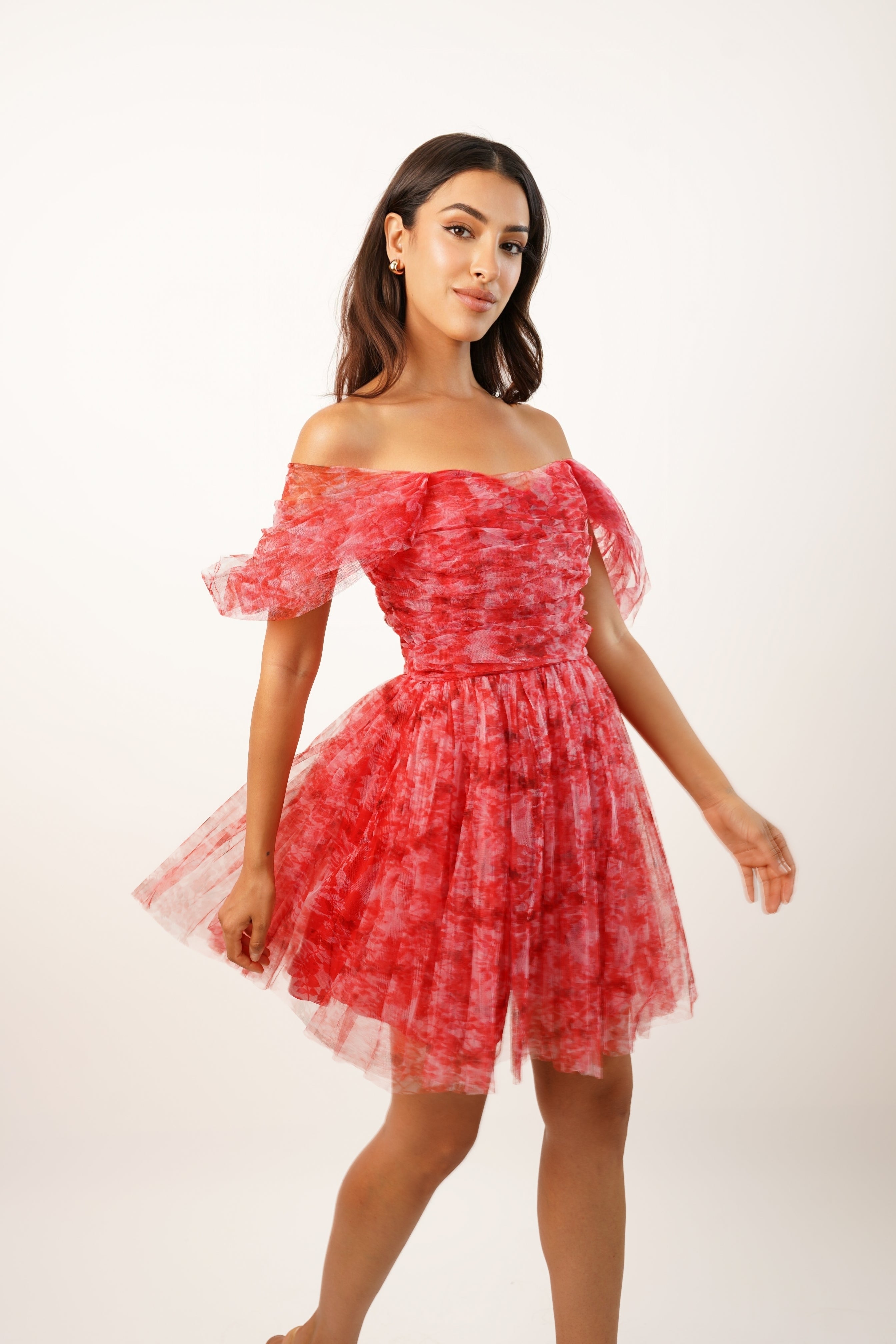Sydney Red Printed Tulle Mini Dress - Elegant Party Cocktail Dress for Women, Perfect for Weddings, Prom, Date Night & Special Occasions