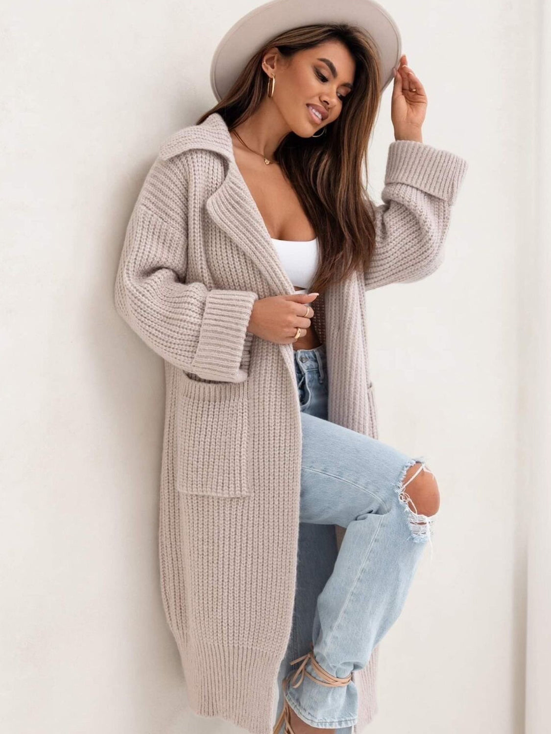 Women's Stylish Pocketed Collared Neck Drop Shoulder Cardigan Sweater - Perfect for Office Wear, Casual Outfits & Fall Layering