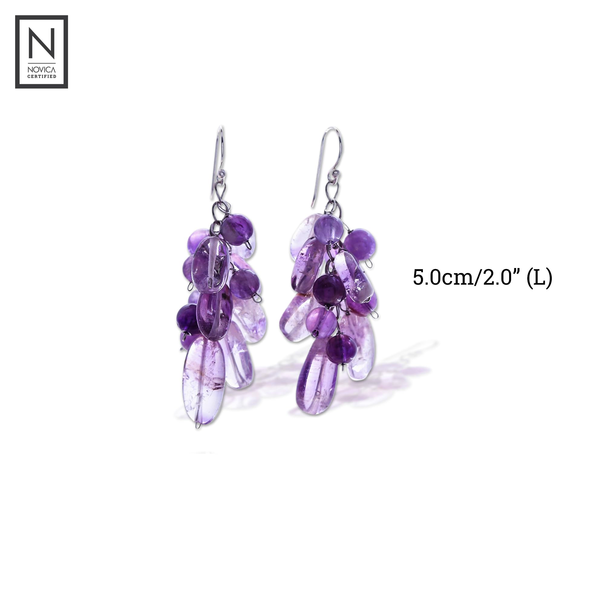 NOVICA Handmade .925 Sterling Silver Amethyst Cluster Dangle Earrings | Artisan Jewelry for Women | Gift for Her | Perfect for Weddings, Parties & Special Occasions