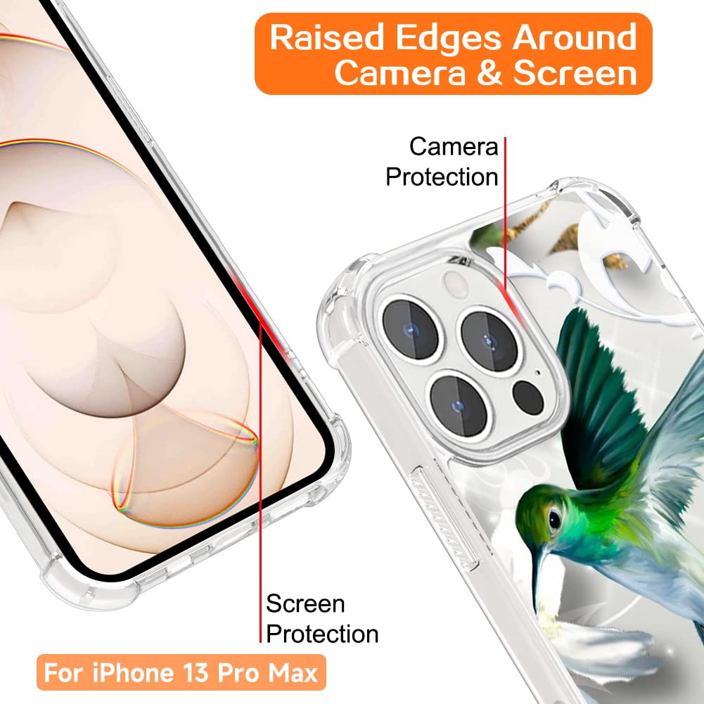 Premium Clear Shockproof Phone Case for iPhone 13 Pro Max - Elegant Green Hummingbird Design with 4-Corner Protection | Slim Protective Cover for Everyday Use, Outdoor Activities & Travel
