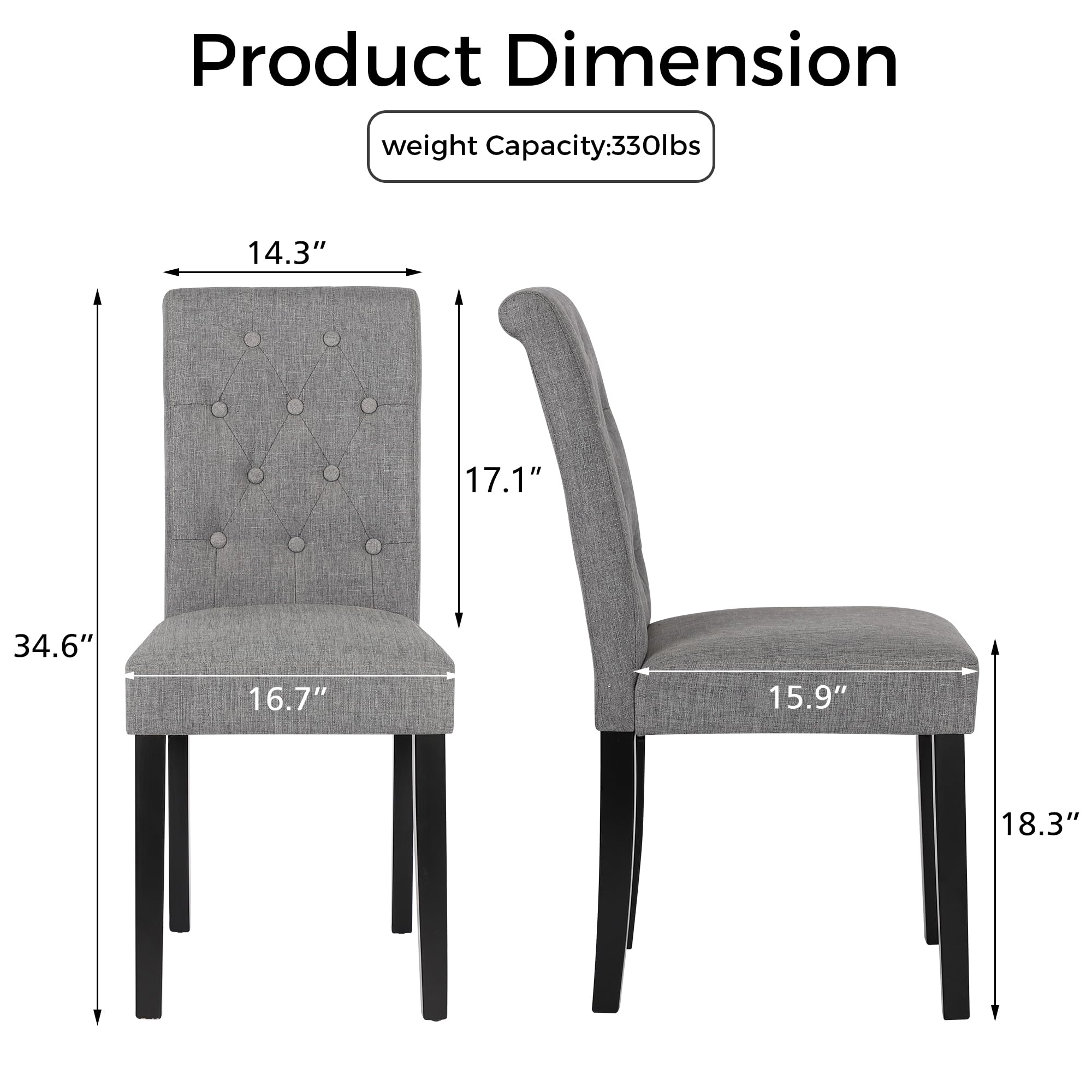 2 Pack Gray Upholstered Fabric Dining Chairs with Button-Tufted Back - Modern Living Room & Kitchen Chairs for Home, Restaurant, or Office Use