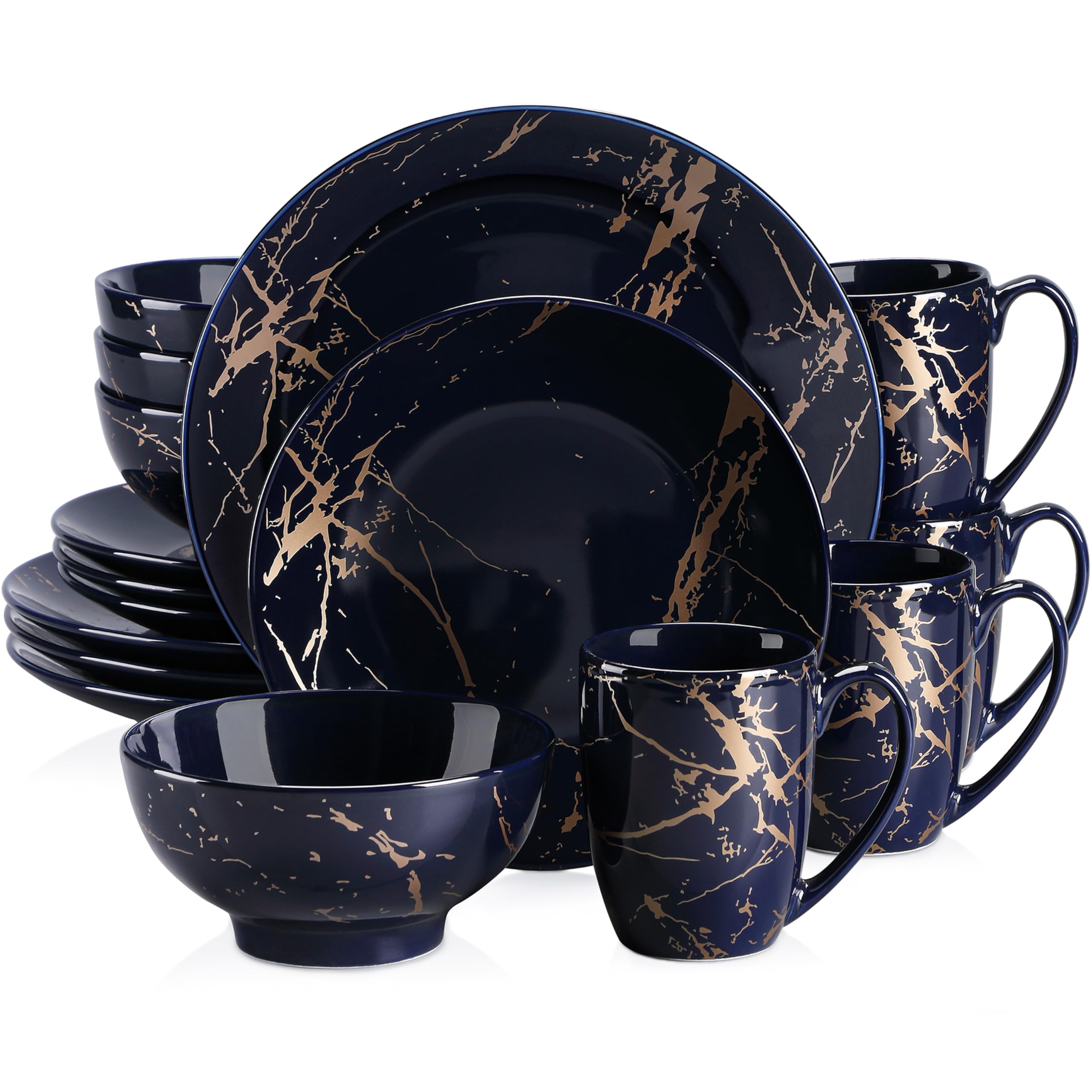 LOVECASA 16-Piece Porcelain Dinnerware Set for 4 - Elegant Dark Blue Color Glaze with Gold Trim, Includes Dinner Plates, Dessert Plates, Bowls & Mugs - Perfect for Family Dinners, Holiday Entertaining & Restaurant-Style Dining