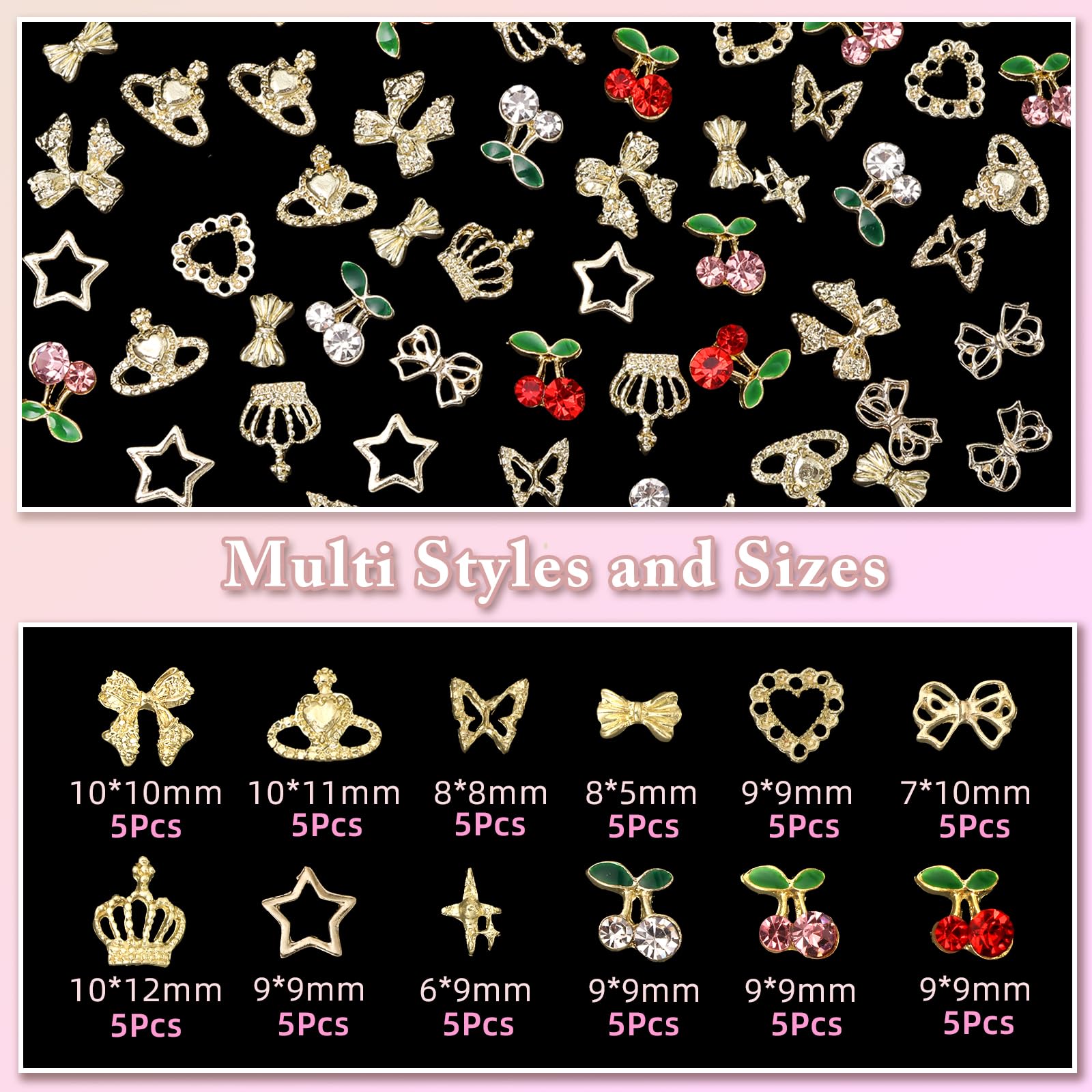 300 Pcs Gold Nail Charms Set - Cherry, Bow, Star, Heart, Cross, Butterfly & Crown Nail Art Studs for DIY Y2K Nail Decor | Perfect for Manicures, Nail Extensions & Festival Nail Designs