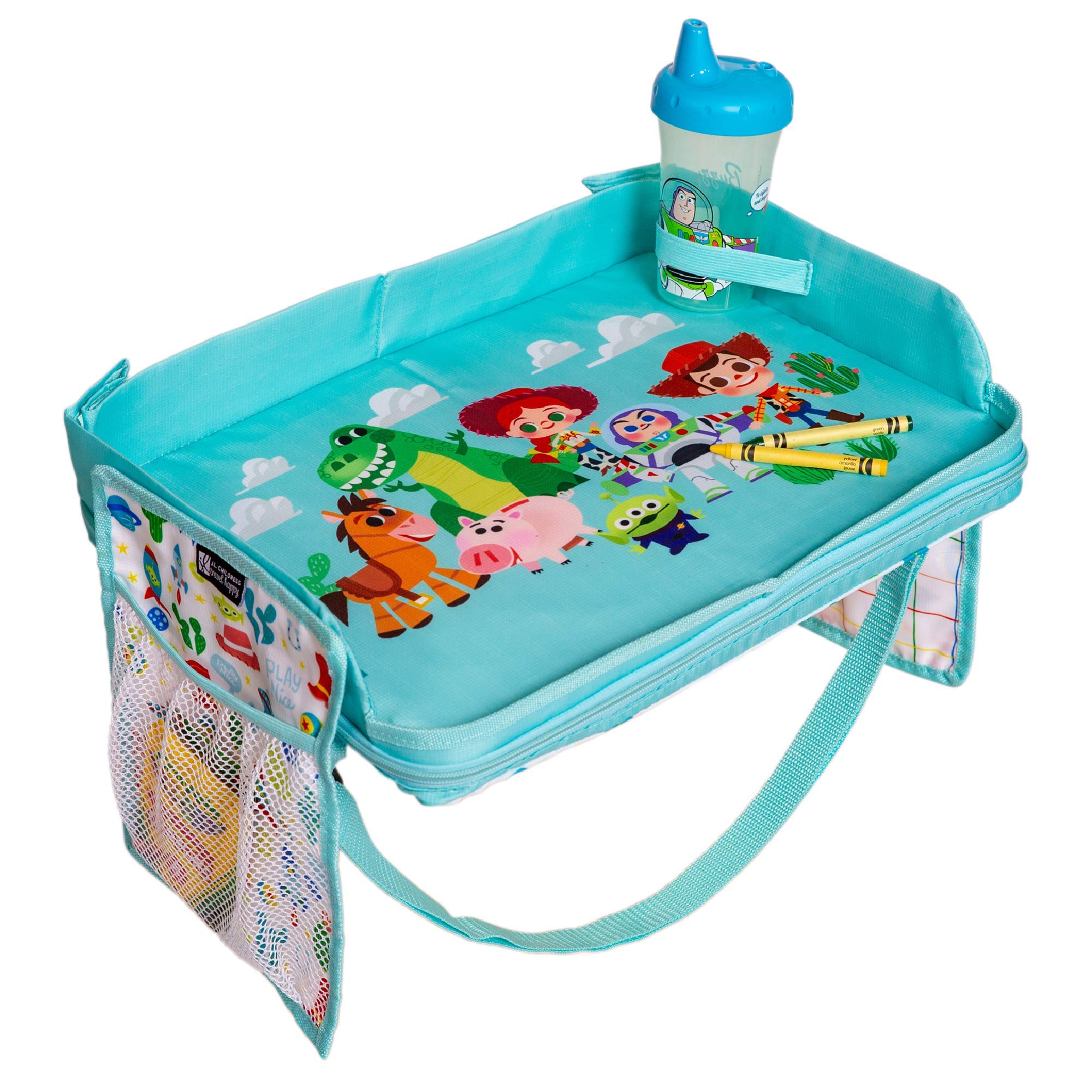 J.L. Childress Disney Baby 3-in-1 Travel Tray & iPad Tablet Holder - Car Seat Lap Tray for Toddlers and Kids - Portable Toddler Travel Accessories for Airplanes, Road Trips, and Lap Desk - Includes Toy Story Themed Tablet Holder and Carry Bag - Perfect for Road Trips, Air Travel, and Dining On-The-Go