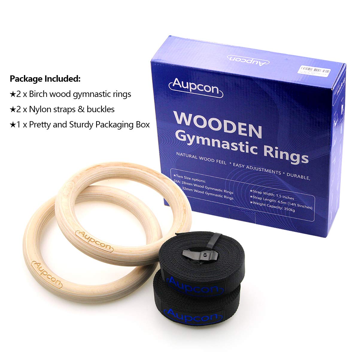 AUPCON Wood Gymnastic Rings - Olympic Gym Rings with Adjustable Straps for Strength Training, Pull Ups, Dips & Home Workouts - Perfect for CrossFit, Calisthenics & Outdoor Fitness