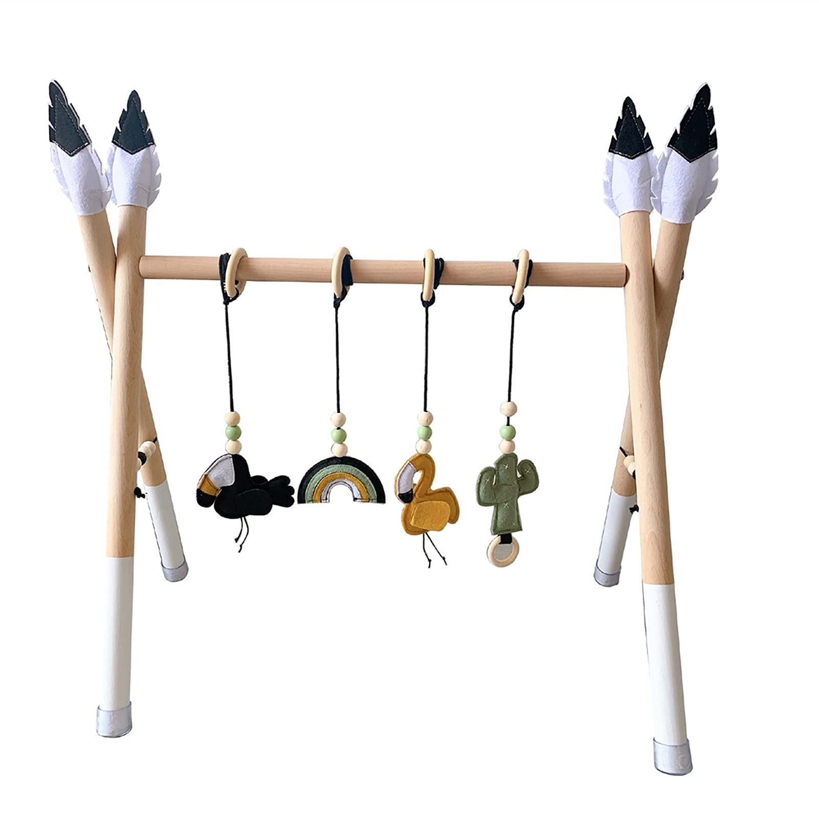 Portable Baby Wooden Activity Gym with 4 Sensory Toys - Foldable Play Gym Frame for Newborns & Infants - Exercise Hanging Bar - Perfect Nursery Gift (Black & White) | Great for Tummy Time & Early Development Play