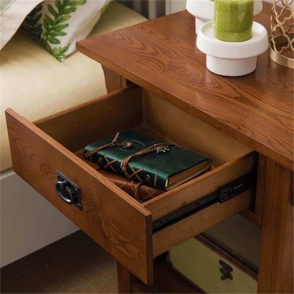 BOWERY HILL Traditional 1 Drawer Wooden Nightstand - Medium Oak Finish Bedside Table for Bedroom, Living Room & Office Use