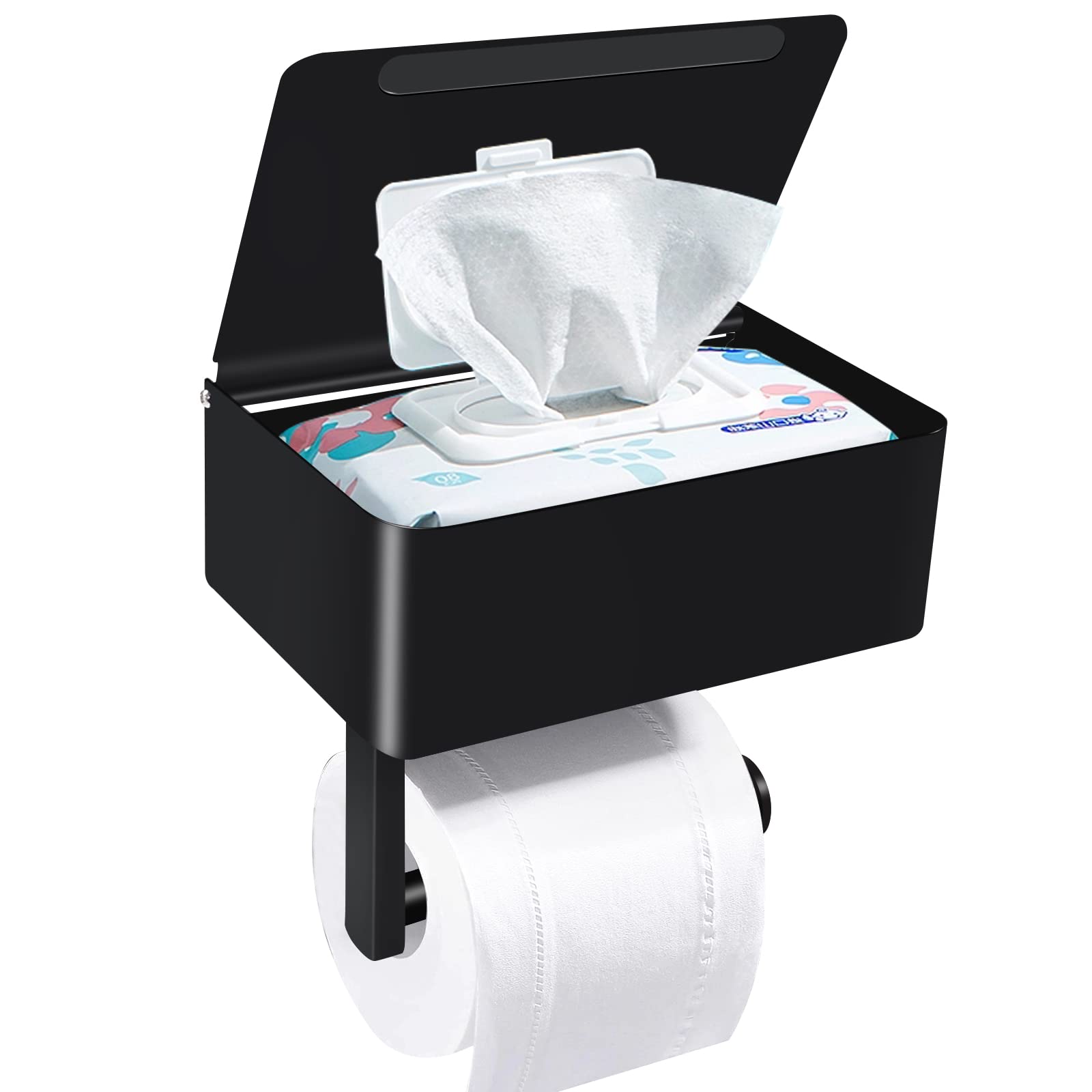 Stainless Steel Toilet Paper Holder with Shelf & Wipes Dispenser - Wall Mount No Drill Bathroom Storage Organizer for Toilet Paper Rolls - Matte Black - Perfect for Modern Bathrooms & Powder Rooms