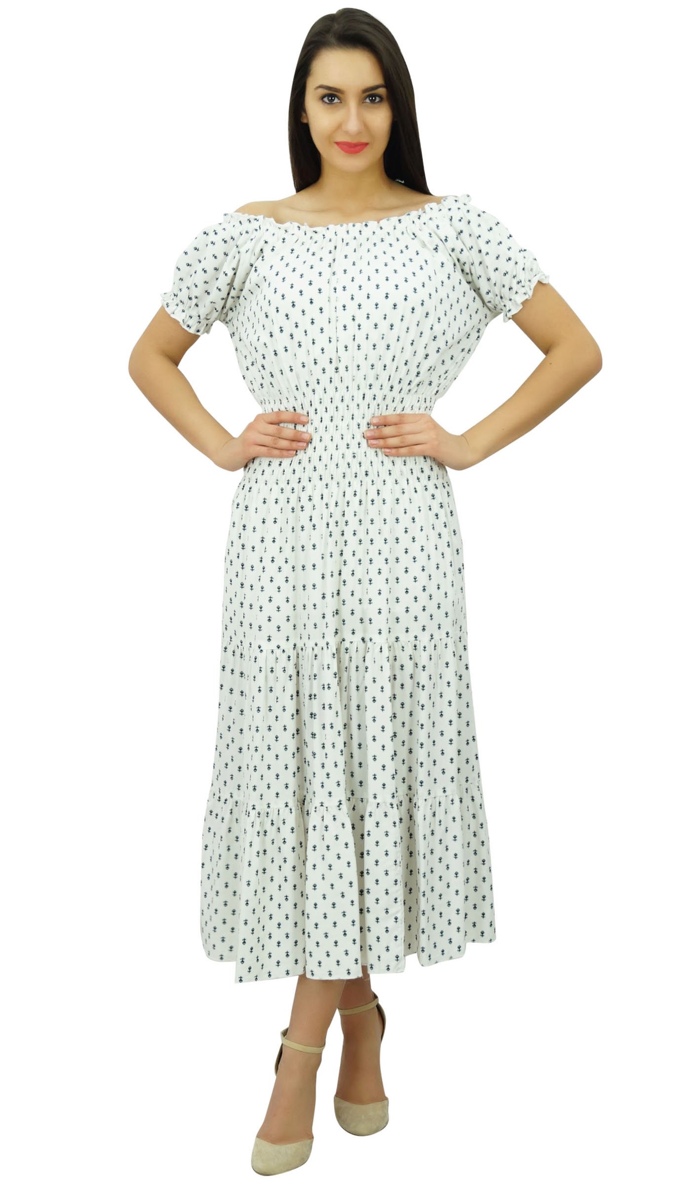 Bimba Women's Printed Off Shoulder Party Dress with Smocked Waist - Flared Maxi Dress for Weddings, Cocktail Parties & Summer Vacations