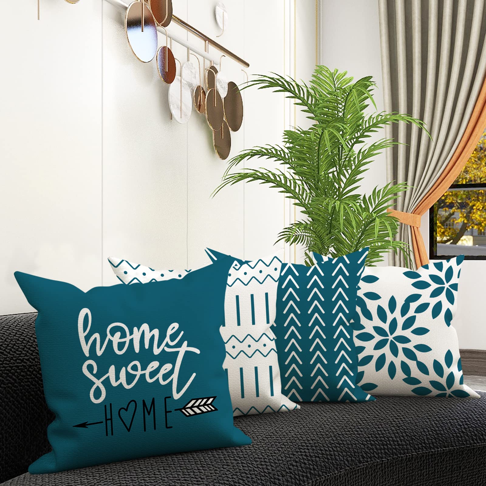 YCOLL 20x20 Inch Pillow Covers Set of 4 - Modern Linen Fabric Decorative Throw Pillow Cases for Sofa, Couch, Bed & Car - Teal Blue Home Decor - Perfect for Living Room, Bedroom & Outdoor Patio Furniture