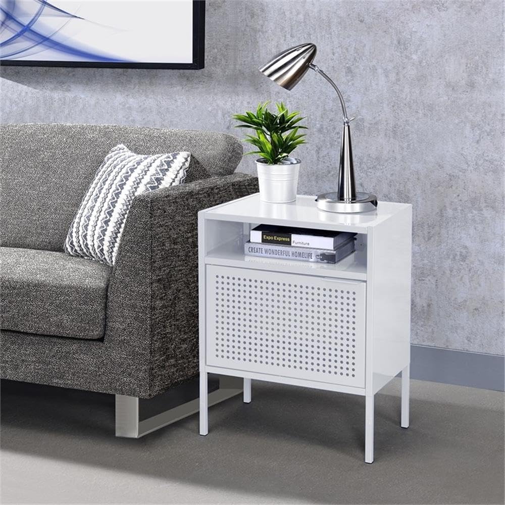 2-Piece White Metal Nightstand Set with USB Ports - Modern Bedside Tables for Bedroom, Living Room & Office Storage