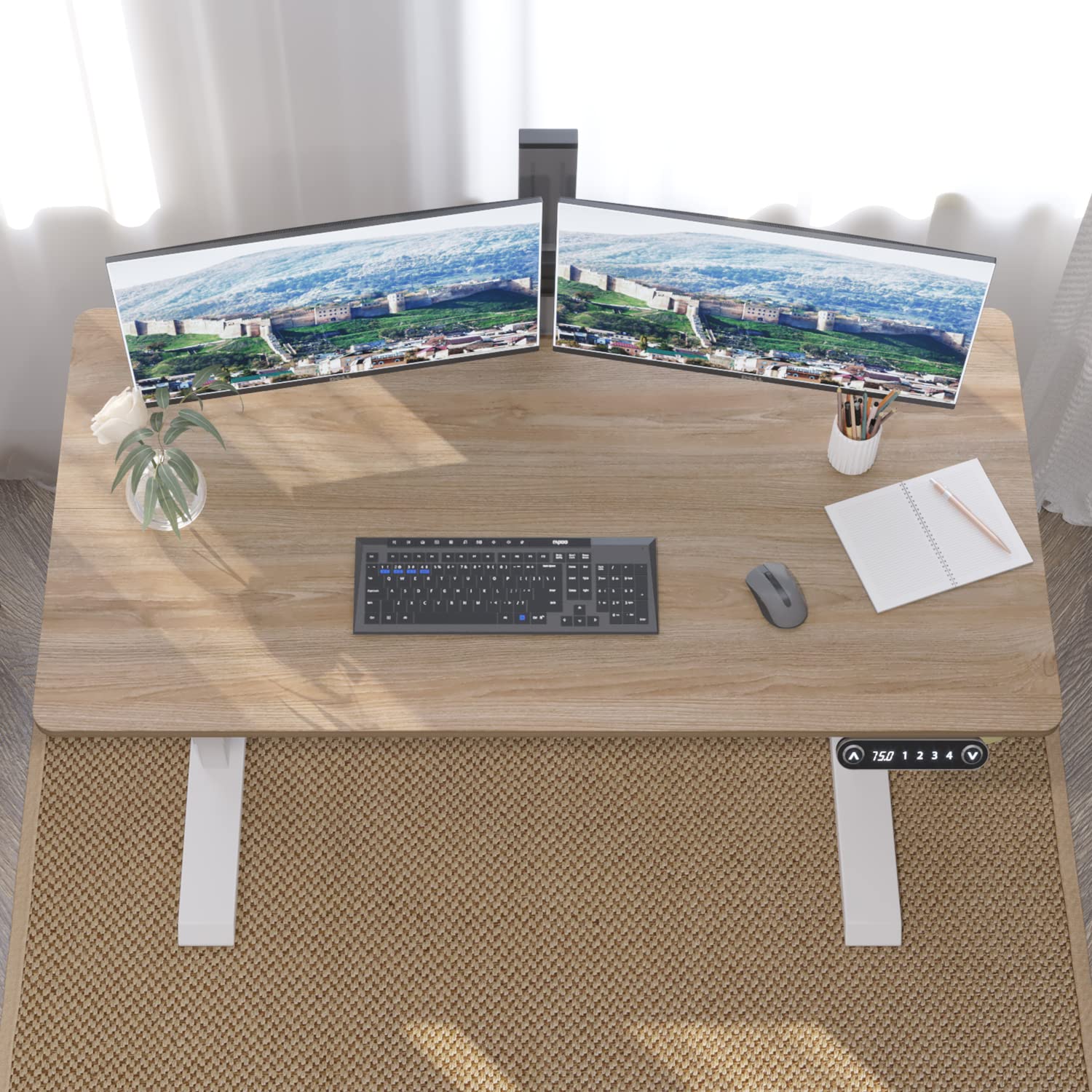 Bilbil Electric Height Adjustable Standing Desk - 48 x 24 Inches, Oak Top & White Frame - Ergonomic Sit Stand Computer Desk for Home Office - Perfect for Remote Work, Gaming & Study Spaces