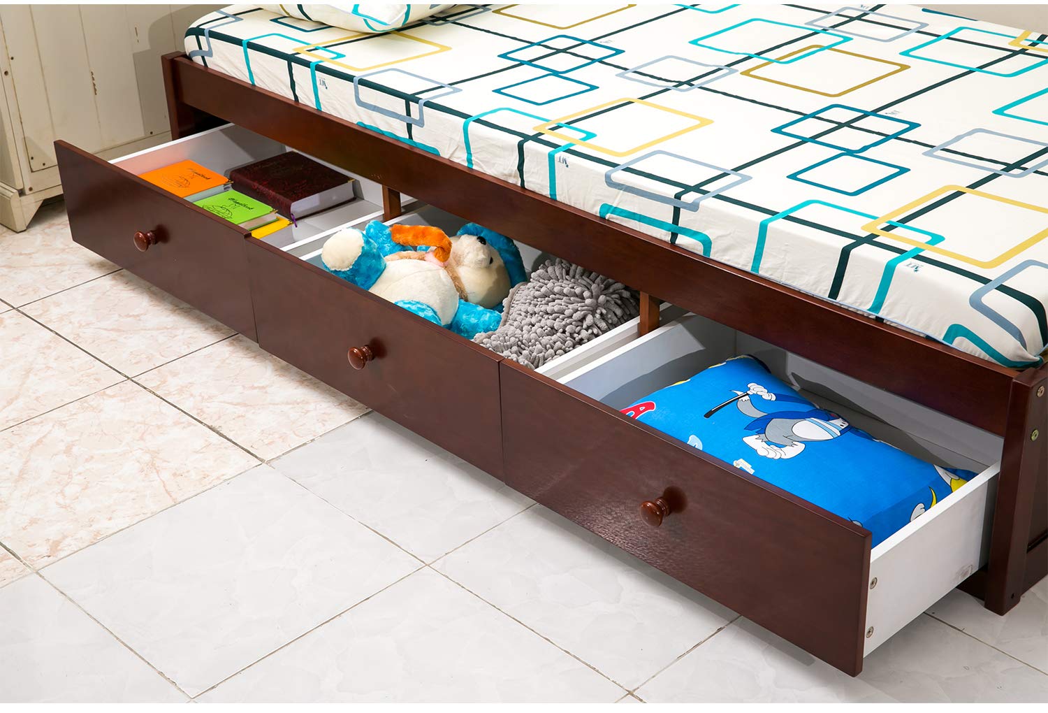 MERAX Twin Size Wood Platform Bed with 3 Storage Drawers & Wood Slat Support - No Box Spring Needed - Space-Saving Bedroom Furniture for Small Rooms & Apartments