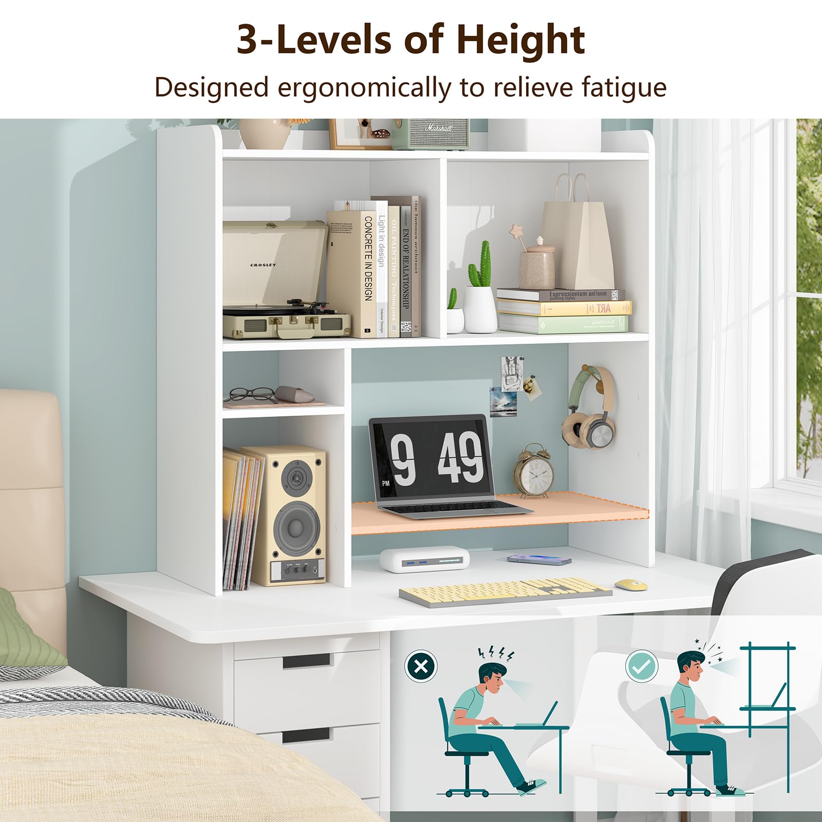 Adjustable 5-Tier Desktop Bookshelf Organizer - White Computer Desk Shelf with Storage Hutch for Home Office & Dorm | Perfect for Displaying Books, Decor & Office Supplies on Your Workspace