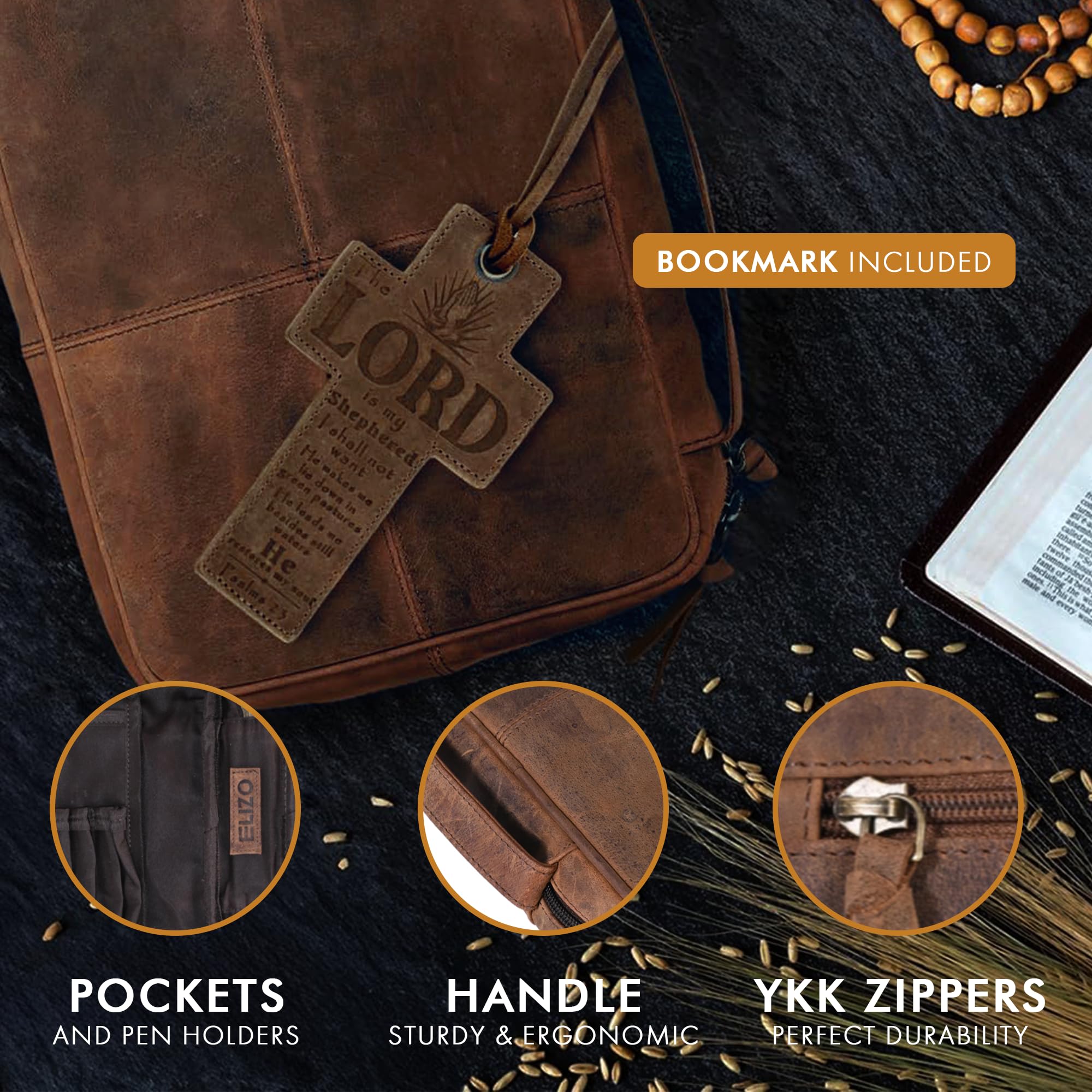 ELIZO Genuine Leather Bible Cover for Men & Women - Large Zippered Bible Case with Bookmark - Perfect for Church, Travel & Daily Bible Study - Christian Religious Gift Idea