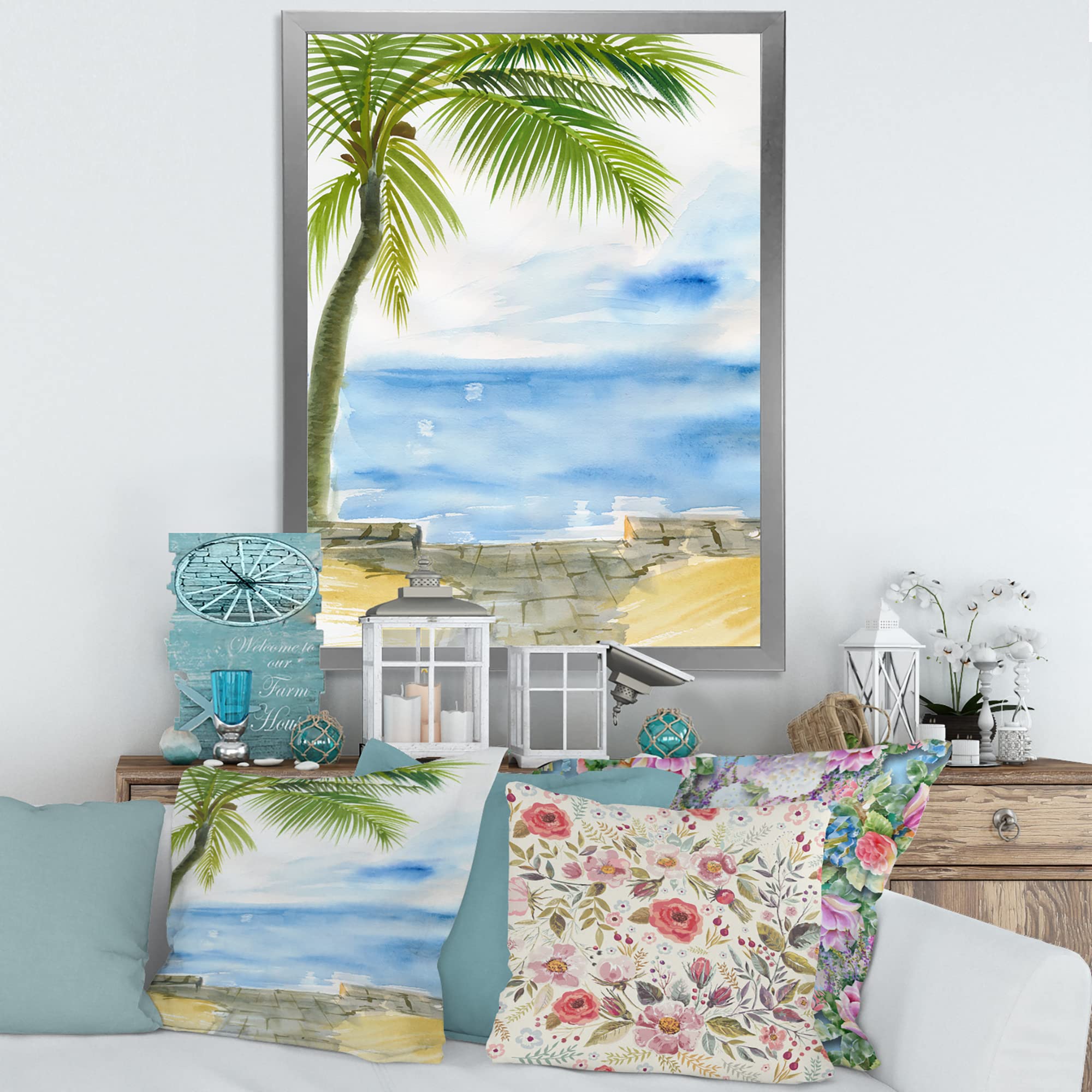 Palm Beach Resort At Dawn II Nautical Coastal Framed Wall Art - Beach House Decor, Ocean Themed Living Room Painting, Coastal Bedroom Wall Decor