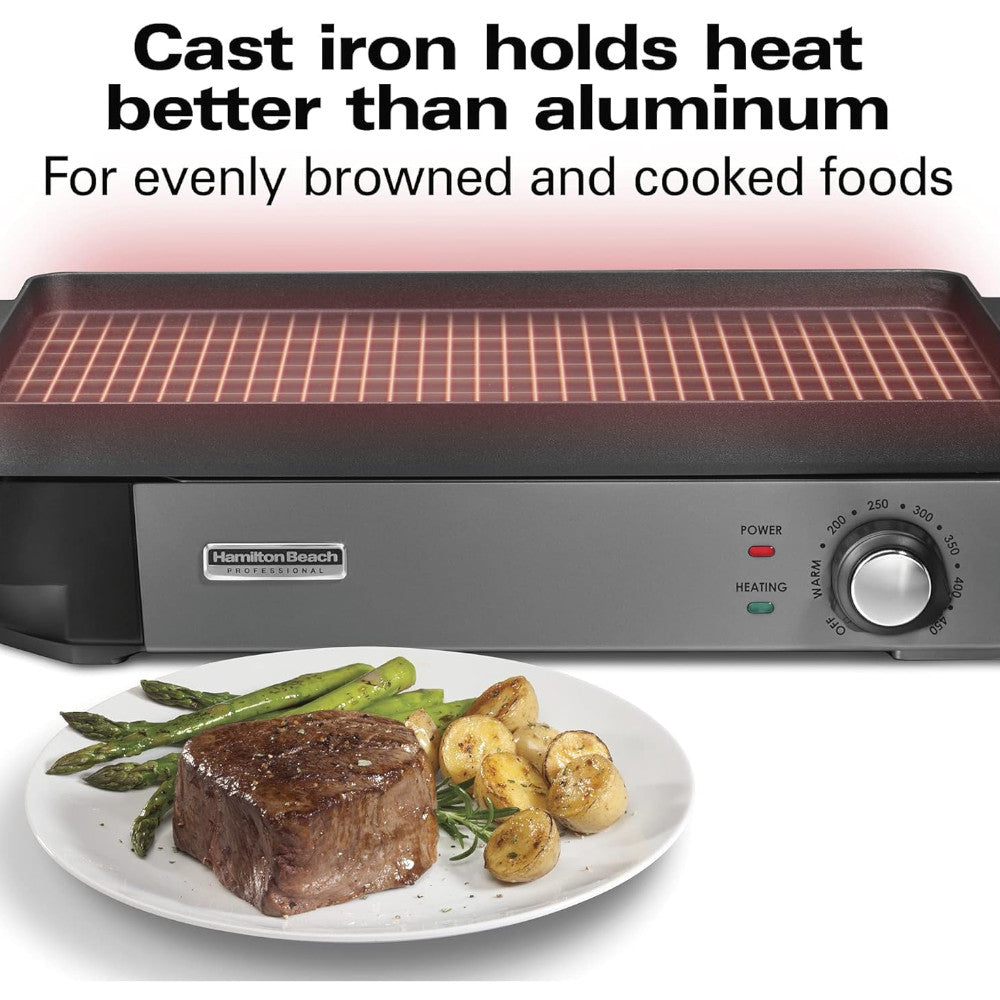 Refurbished Hamilton Beach Professional 38560 Indoor Electric Grill & Griddle - Certified Home Essentials Warranty | Perfect for Small Kitchens, Dorm Rooms & Quick Meals
