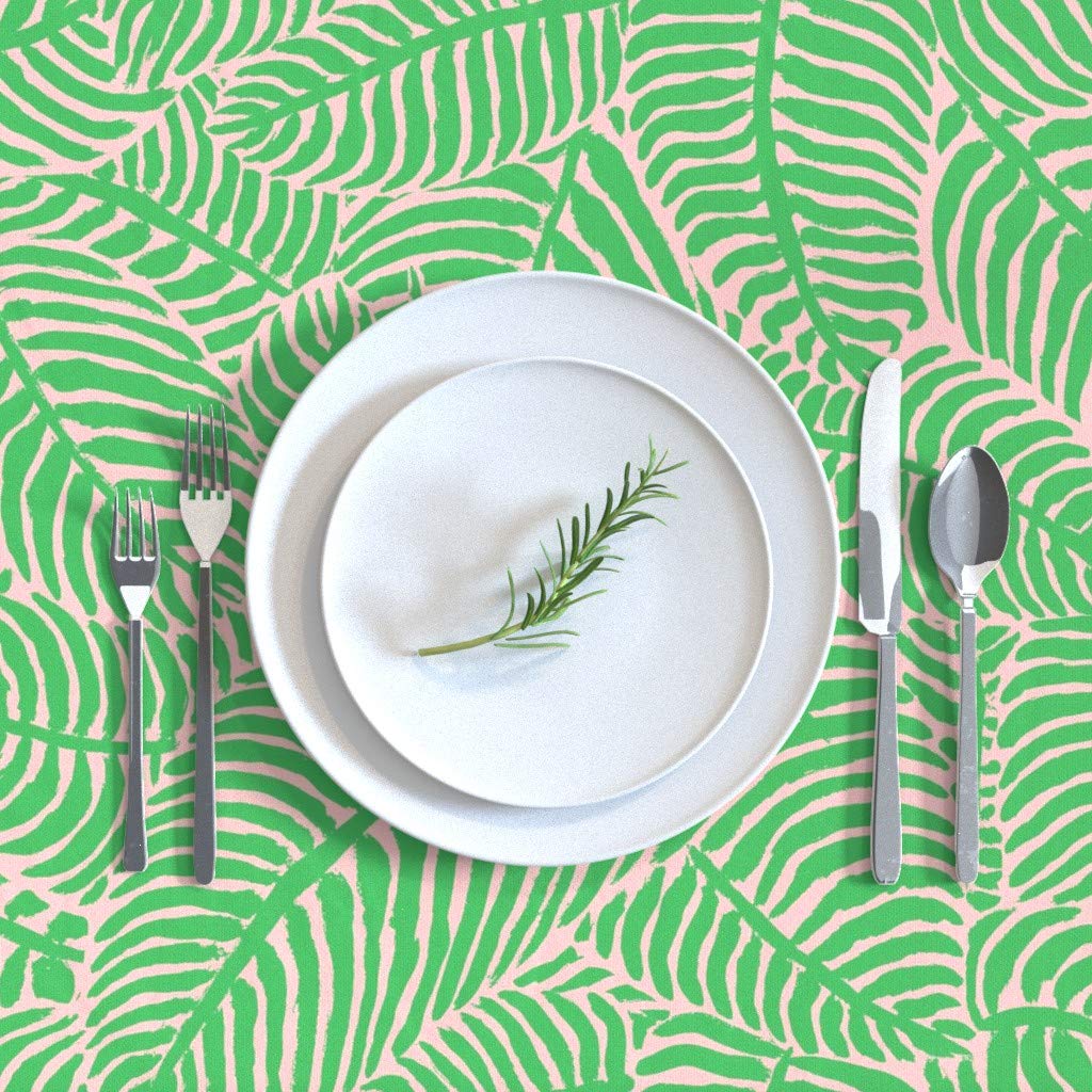 Custom Cotton Sateen Tablecloth 70x120 Inches - Palm Beach Green Pink Retro Tropical Vintage Blush Print Table Linens for Dining Room, Kitchen, Party & Outdoor Decor