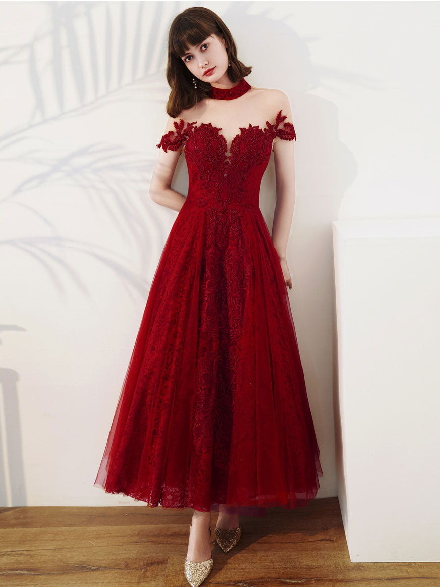 Elegant Burgundy Tulle Lace Tea-Length Prom Dress | Burgundy Evening Gown for Homecoming, Wedding Guest & Formal Events