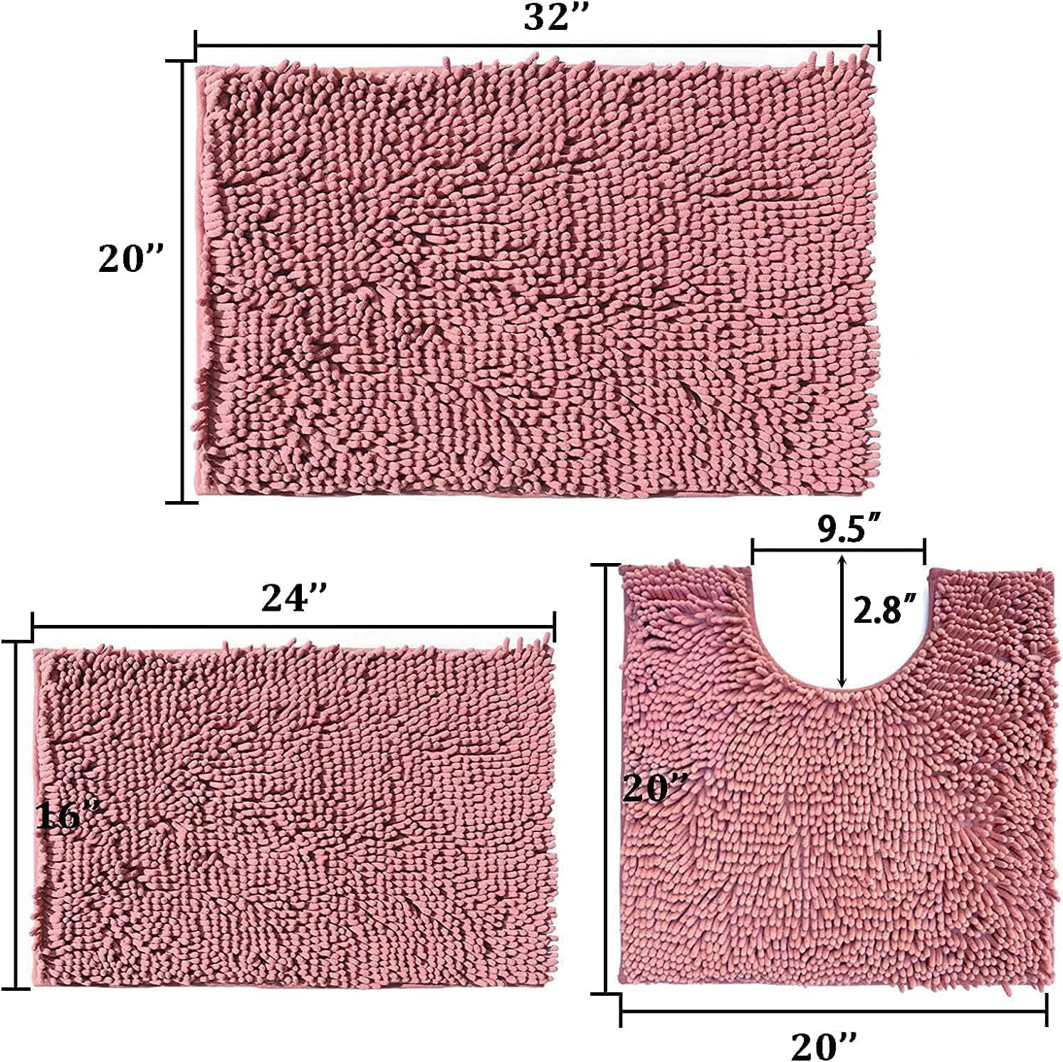 Premium Chenille Bath Mats Set of 3 - Ultra Soft Non-Slip & Super Absorbent Bathroom Rugs in Misty Rose - Plush Shaggy Bath Mat for Bathroom, Tub & Shower - Perfect for Cozy Bathrooms & Spa-Like Relaxation