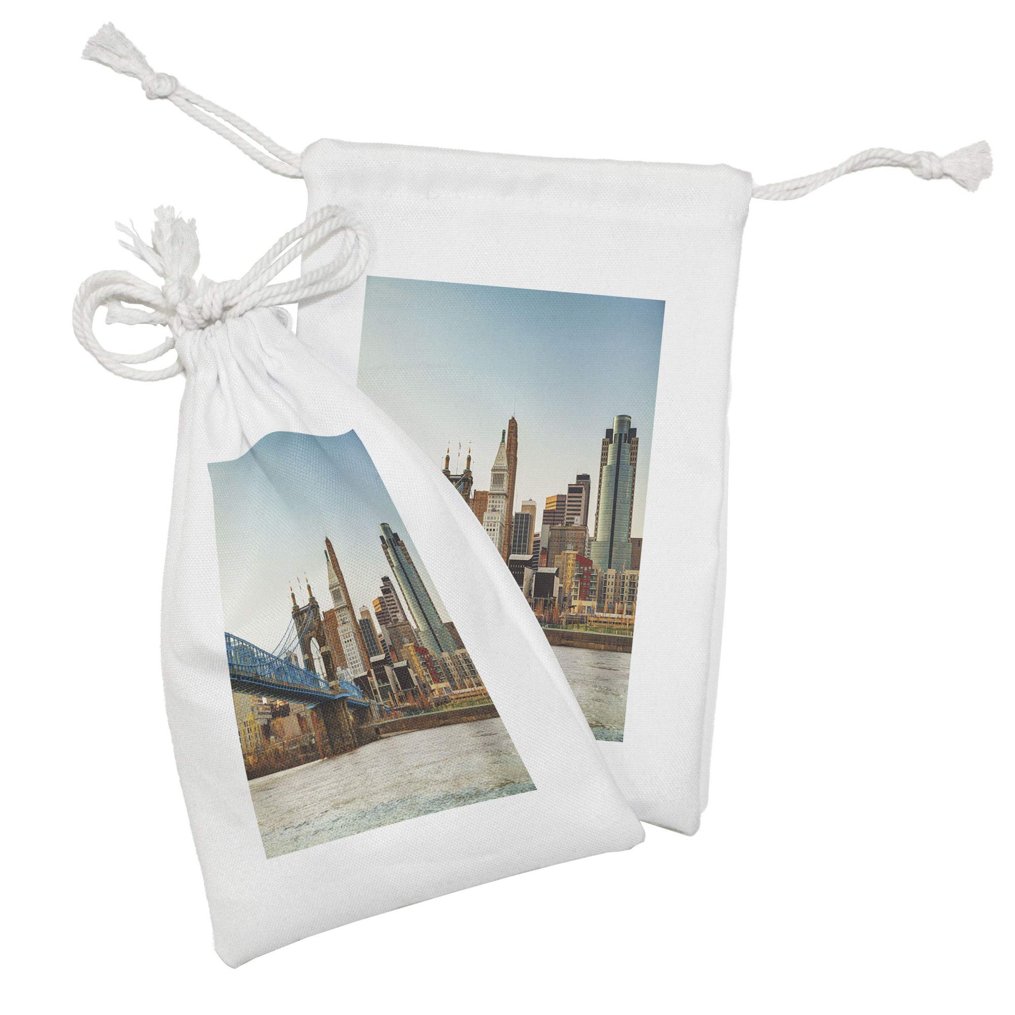 Ambesonne Cincinnati Fabric Pouch Set of 2 - Cityscape Evening Panoramic Art Print Drawstring Bags (9
