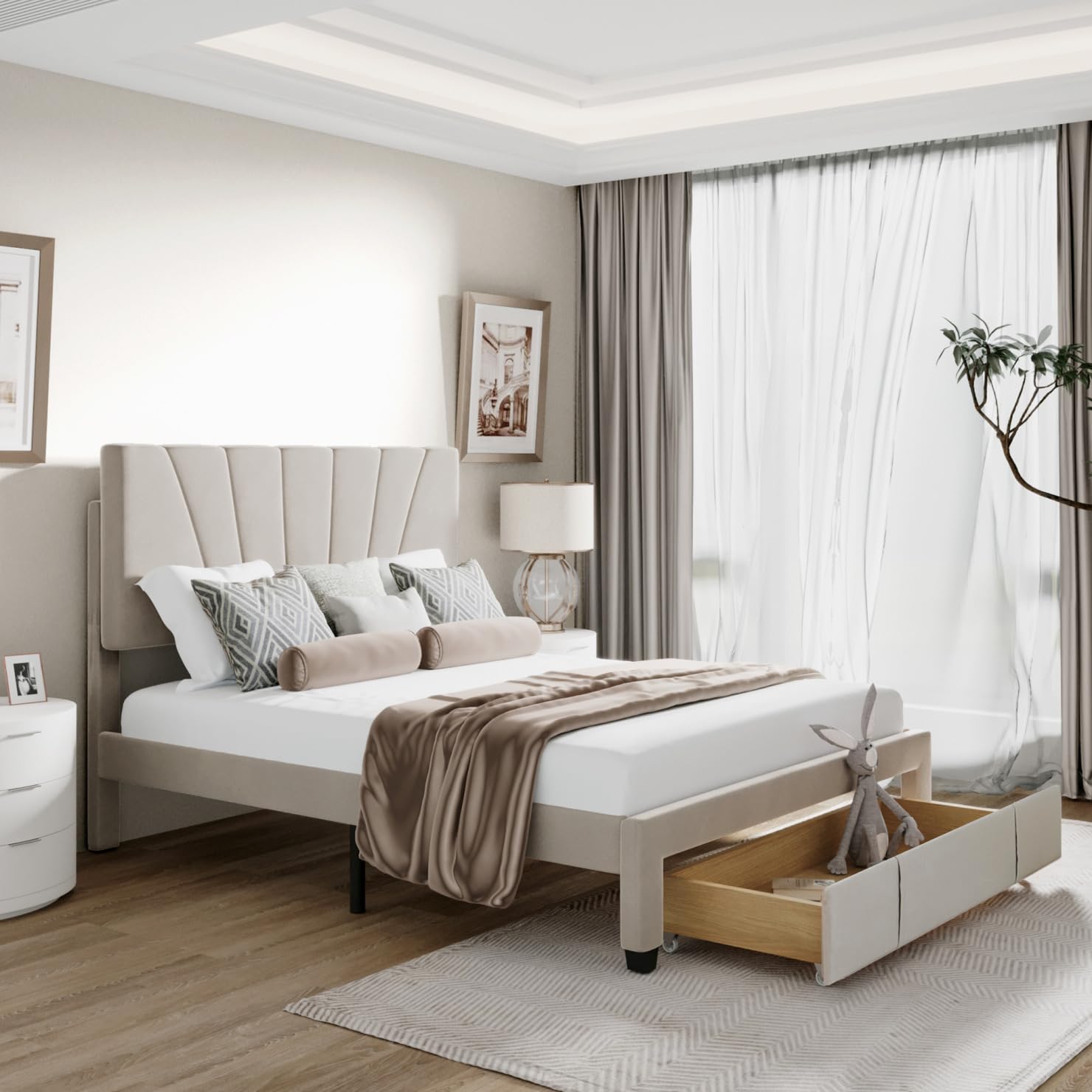 JINS&VICO Queen Size Velvet Upholstered Platform Bed Frame with Storage Drawer - No Box Spring Needed, Beige | Modern Bedroom Furniture for Adults, Teens, Boys & Girls | Perfect for Small Spaces & Master Bedrooms