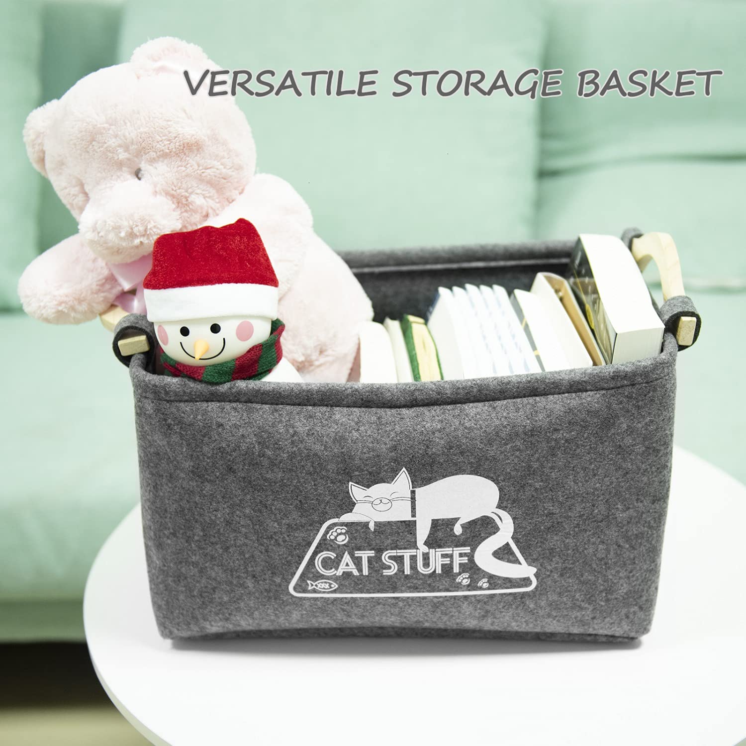 **Cat Toy Storage Basket with Handles - Felt Pet Toy Organizer Bin for Cat Accessories & Supplies - Perfect for Home, Living Room, or Bedroom Pet Toy Organization**