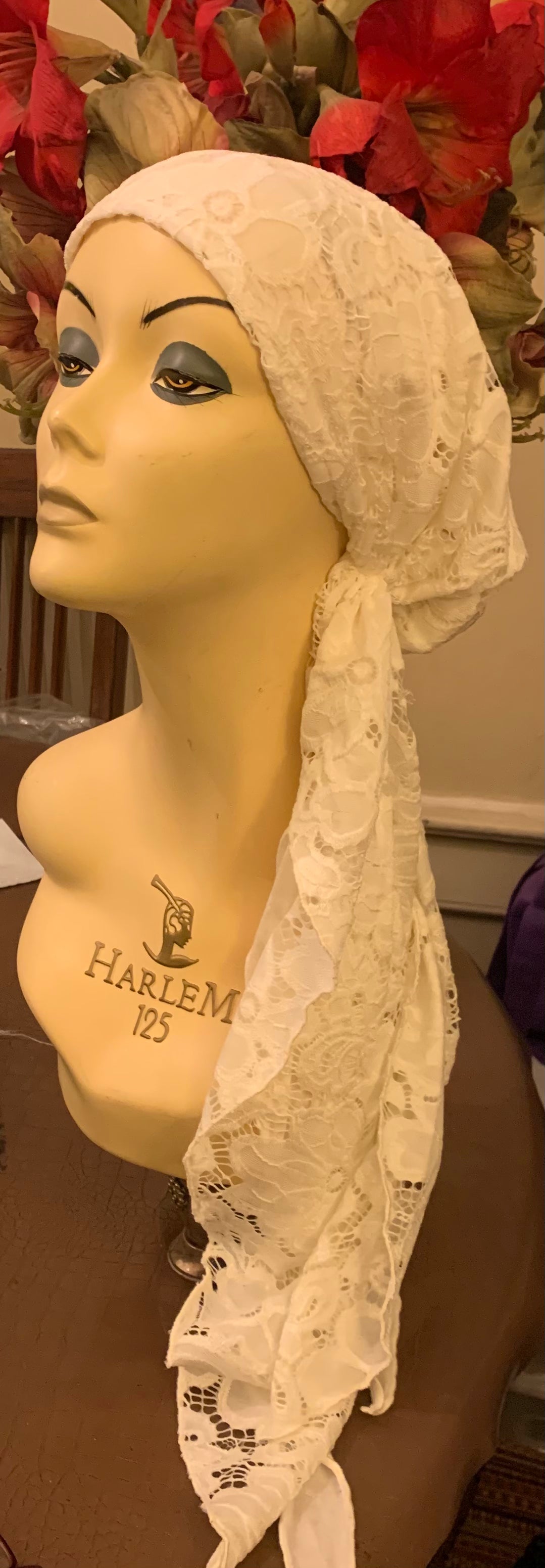 White Ivory Lace Pre-Tied Head Scarf | Elegant Women's Fashion Accessory | Made in USA by Uptown Girl Headwear | Perfect for Weddings, Church, and Special Occasions