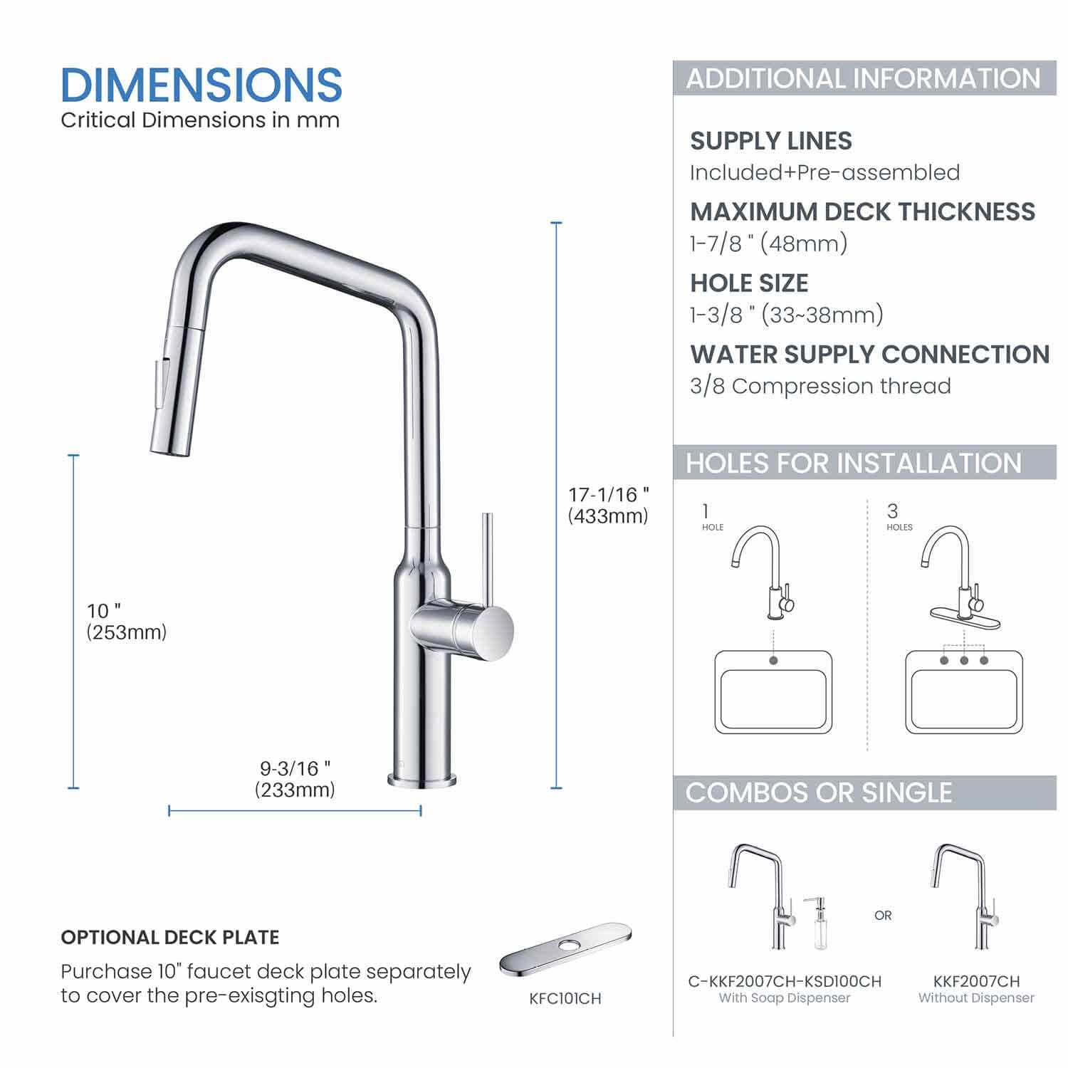 KIBI Macon Single Handle Pull Down Kitchen Faucet with Soap Dispenser - High Arc Spout for Easy Cooking