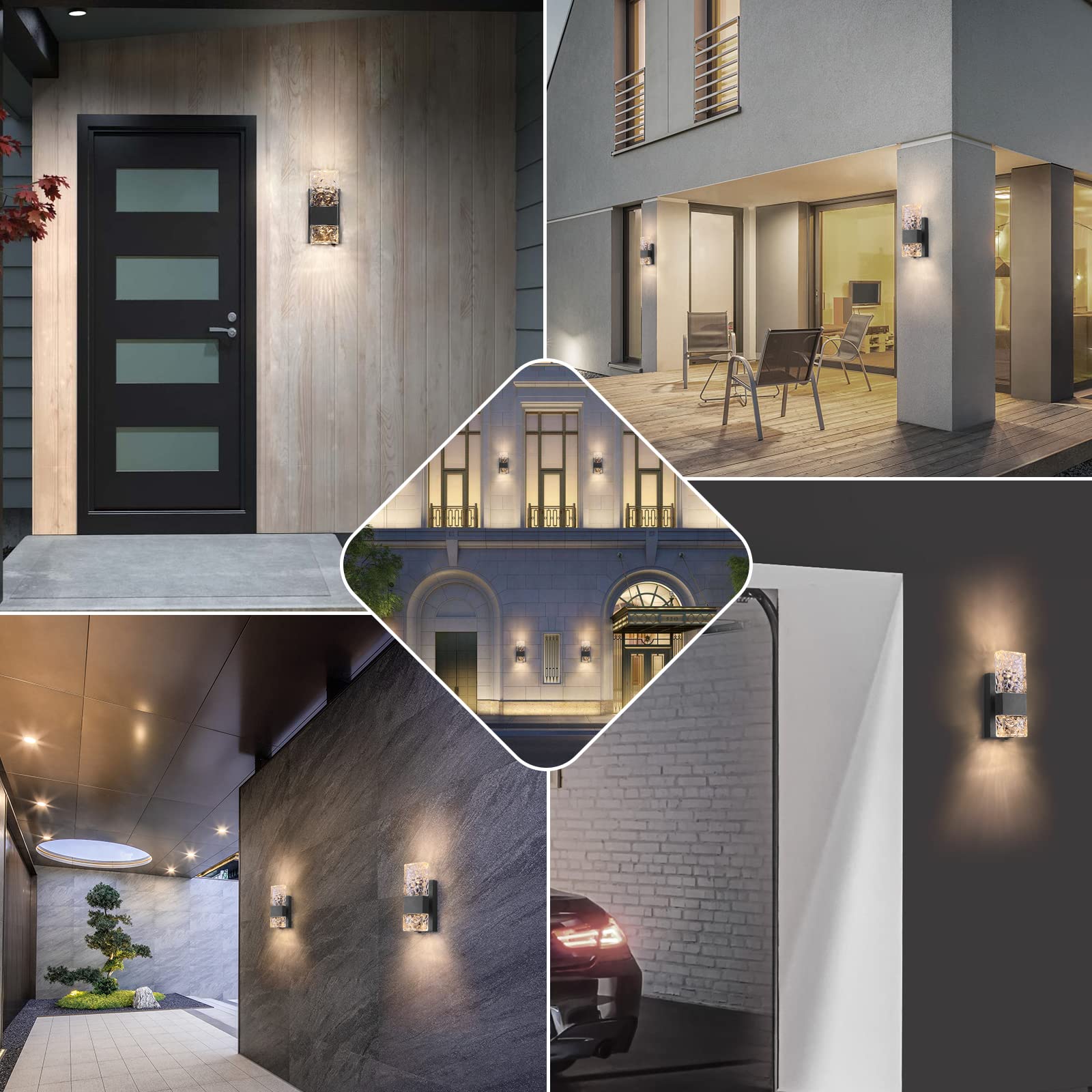 Modern Waterproof LED Outdoor Wall Sconce Lights - Dusk to Dawn Up/Down Porch Lighting with Ripple-Textured Crystal Glass - Exterior Wall Mount Fixtures for House, Garage, Patio & Garden (Weatherproof for All Seasons)
